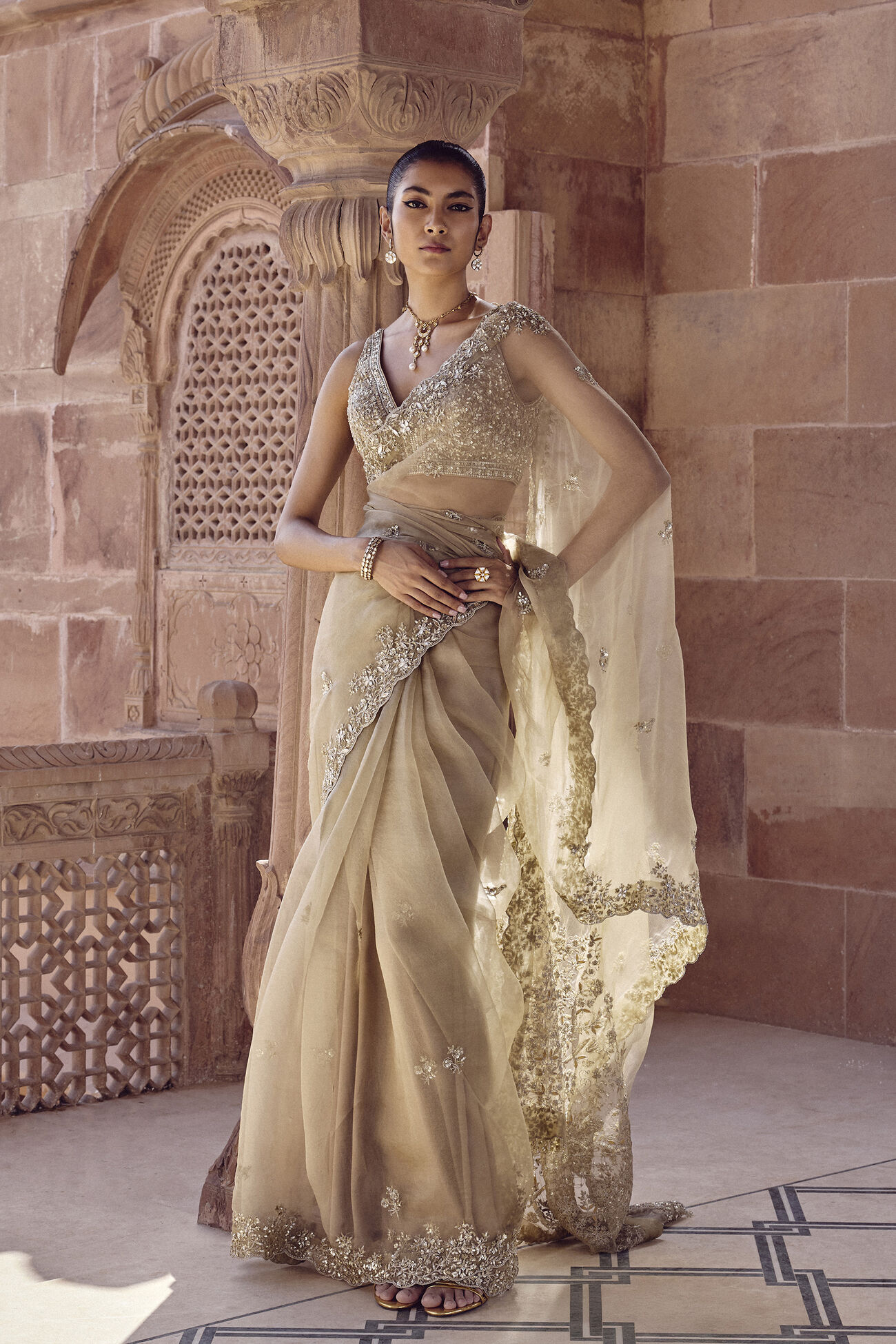 Buy Designer Sharvani Gota Patti Silk Saree Gold Online from