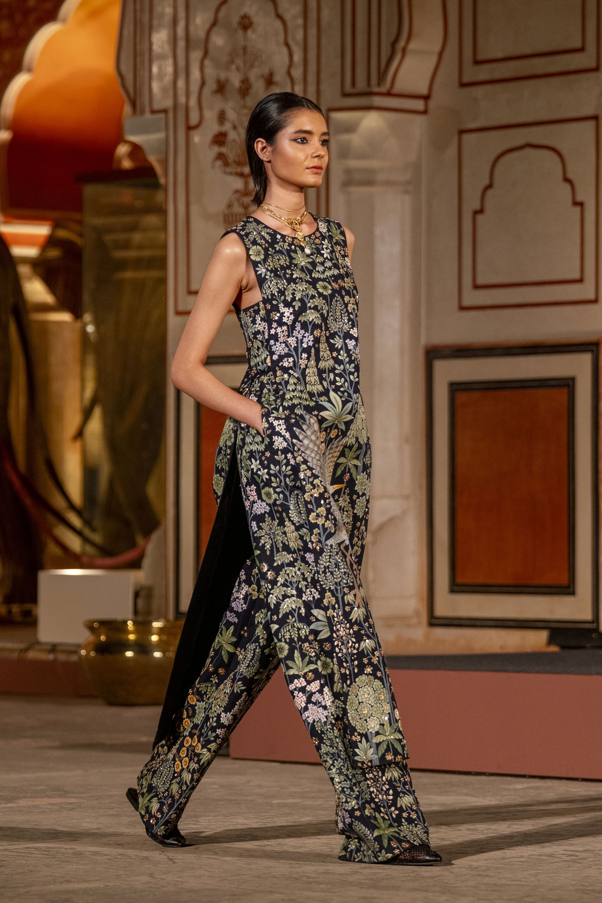 Flamingos In Flight Hand-painted Pichhwai Silk Set - Blue, Blue, image 5