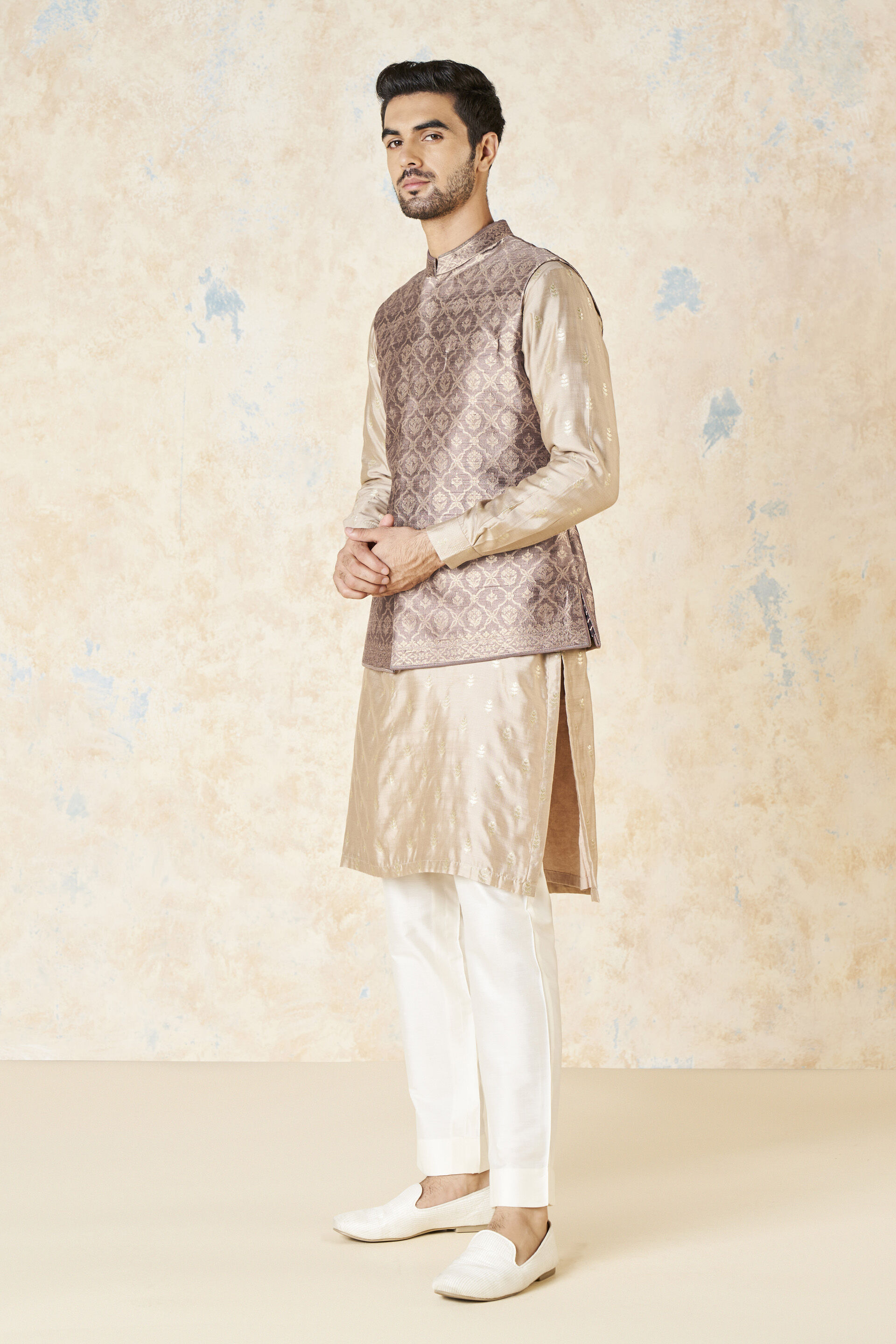 Unman Benarasi Silk Nehru Jacket - Gold