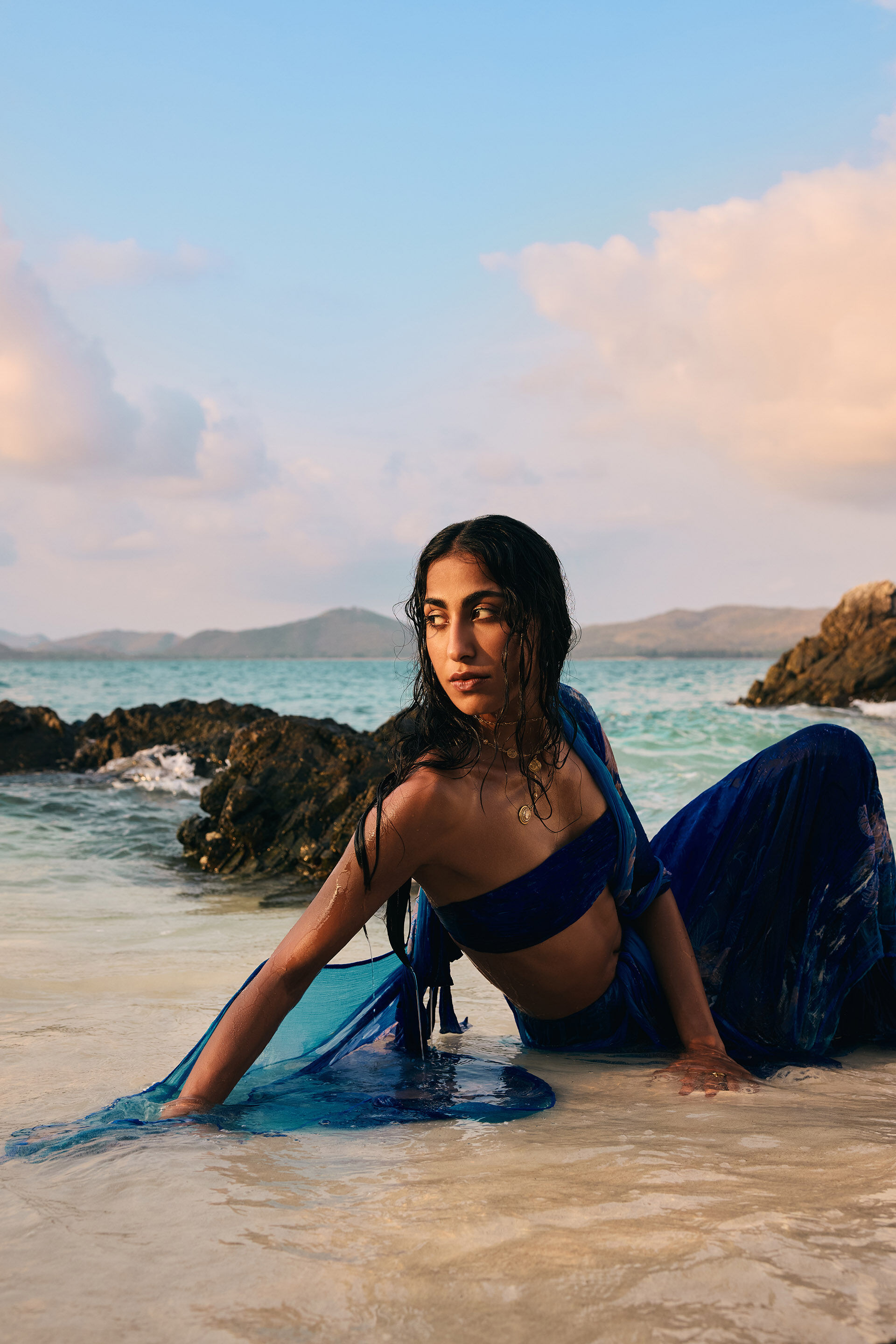 Watersculpt Chiffon Saree, Blue, image 6