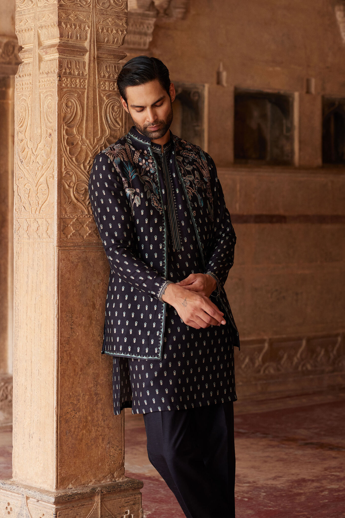Buy Designer Saamir Printed Silk Nehru Jacket Black Online from