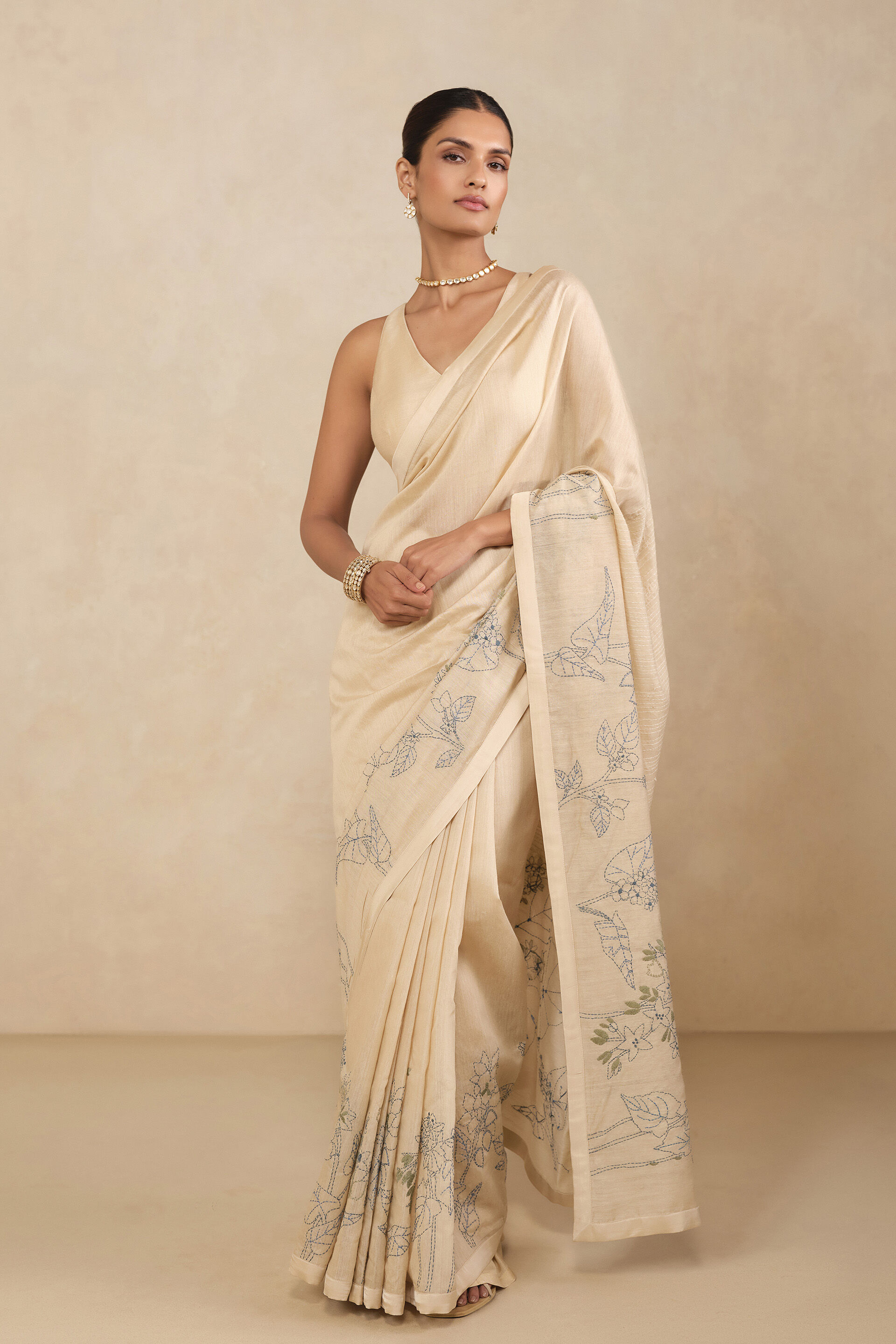 Haiku Hand-embroidered Kantha Silk Saree - Beige