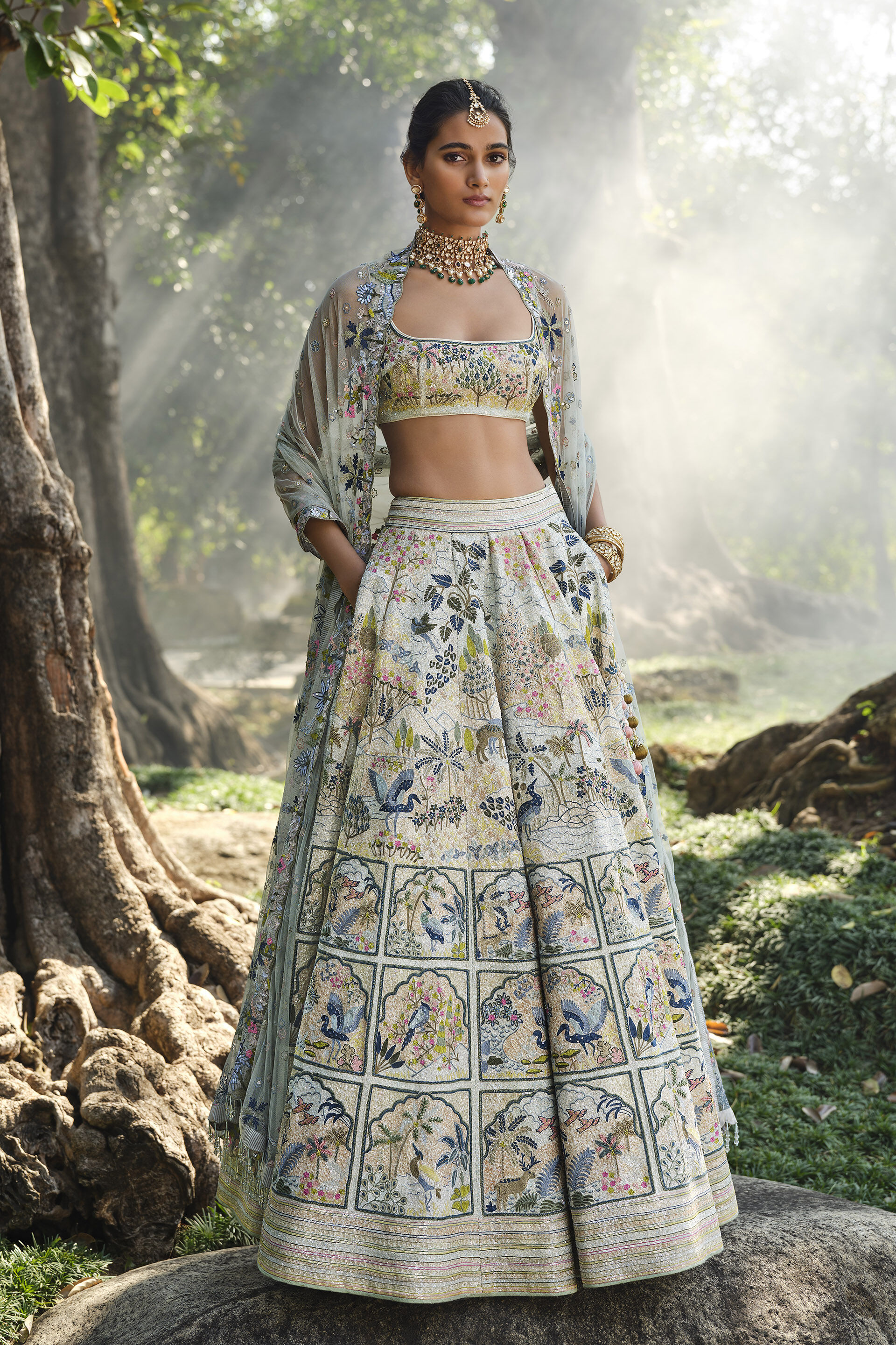 Woodelia Embroidered Silk Lehenga Set - Natural