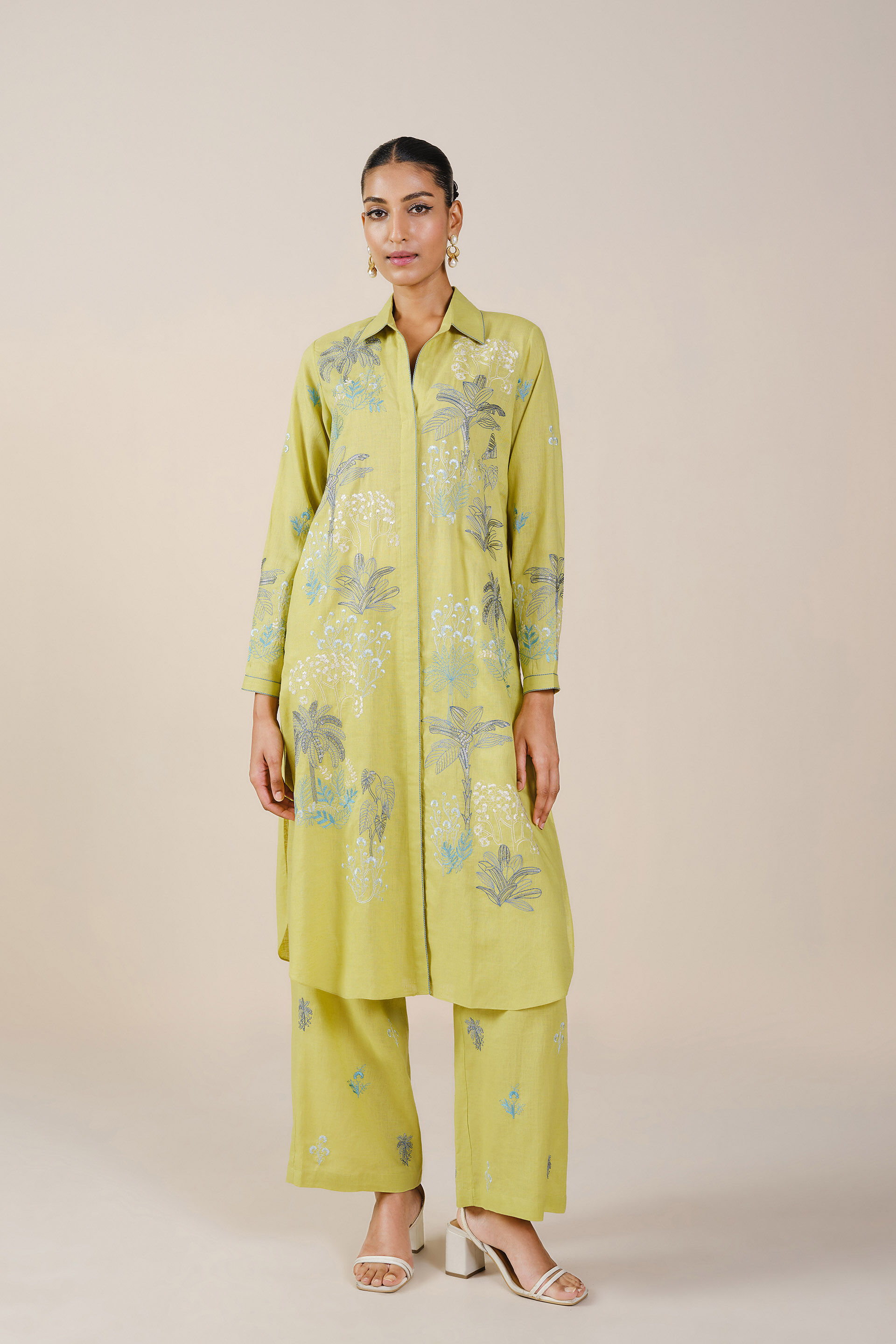 Pelagia Embroidered Linen Kurta Set - Lime, Lime, image 1