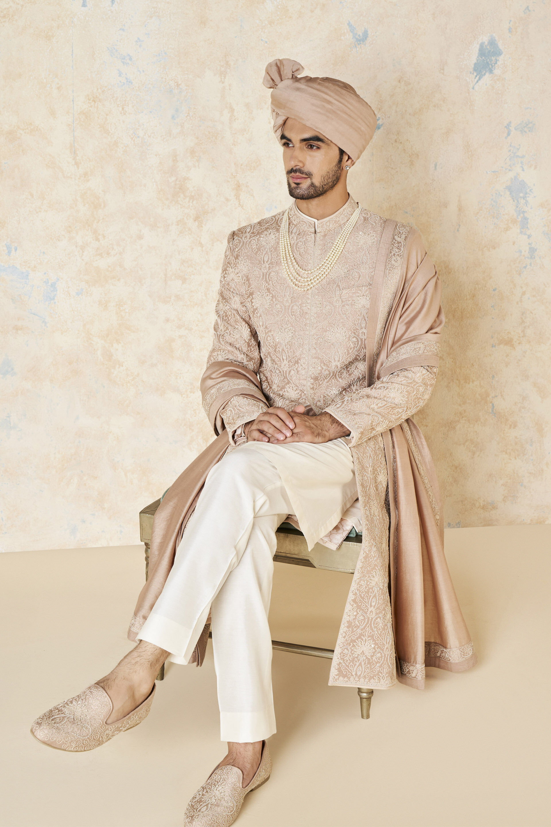 Ikshaan Embroidered Cord Silk Sherwani - Salmon, Salmon, image 5