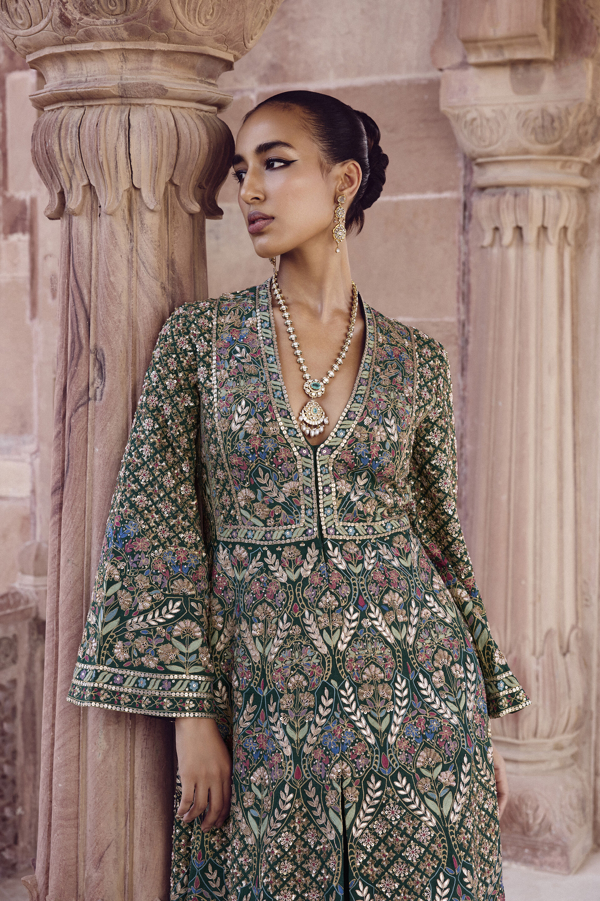 Nemora Embroidered Silk Anarkali Set - Green, Green, image 4