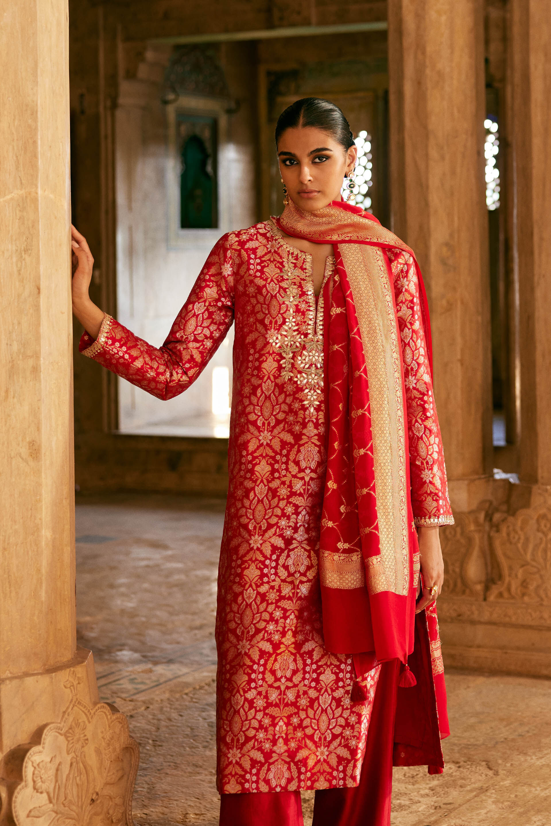 Samahita Handwoven Benarasi Silk Suit Set - Red, Red, image 3