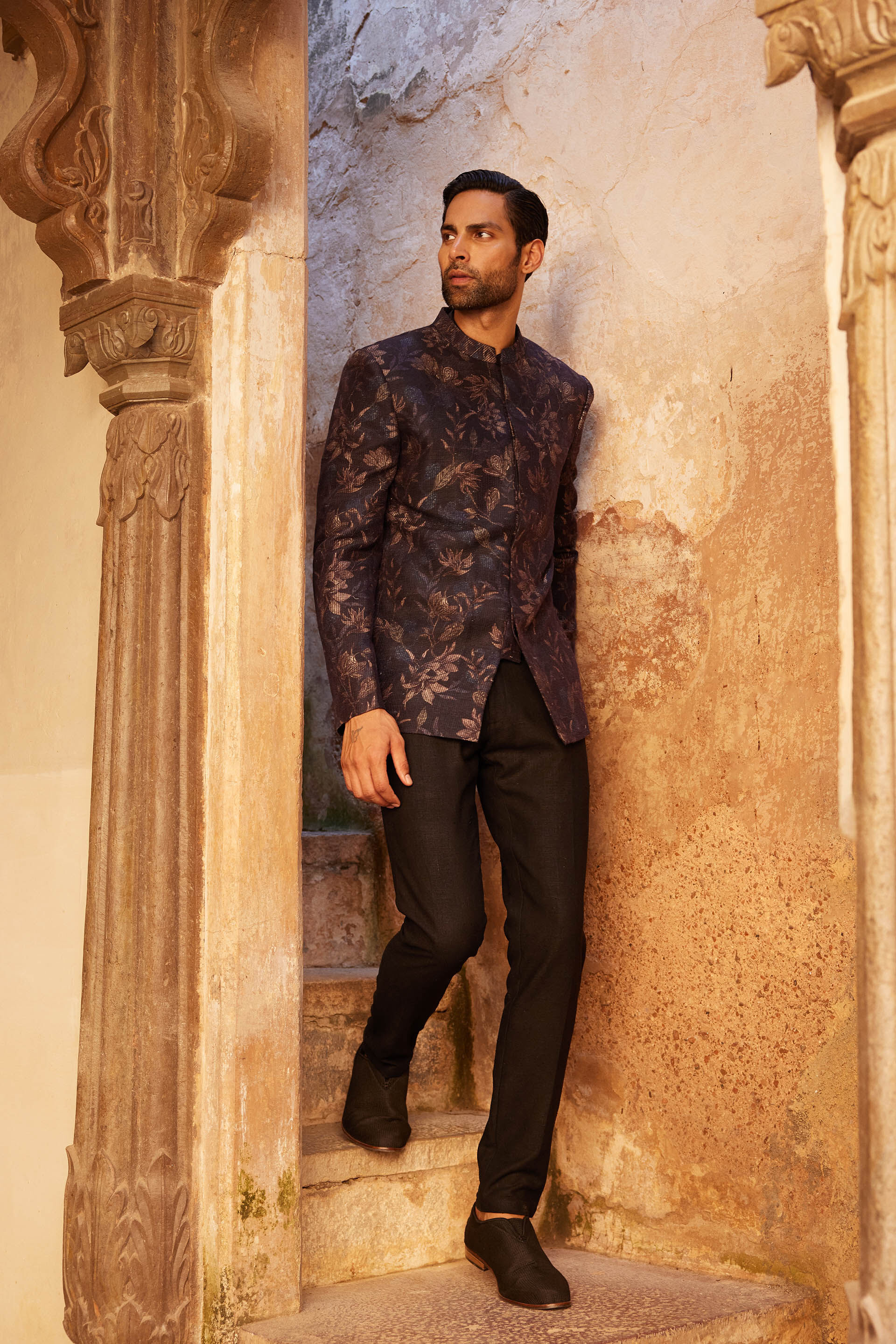 Rahin Printed Silk Bandhgala - Navy, Navy, image 5