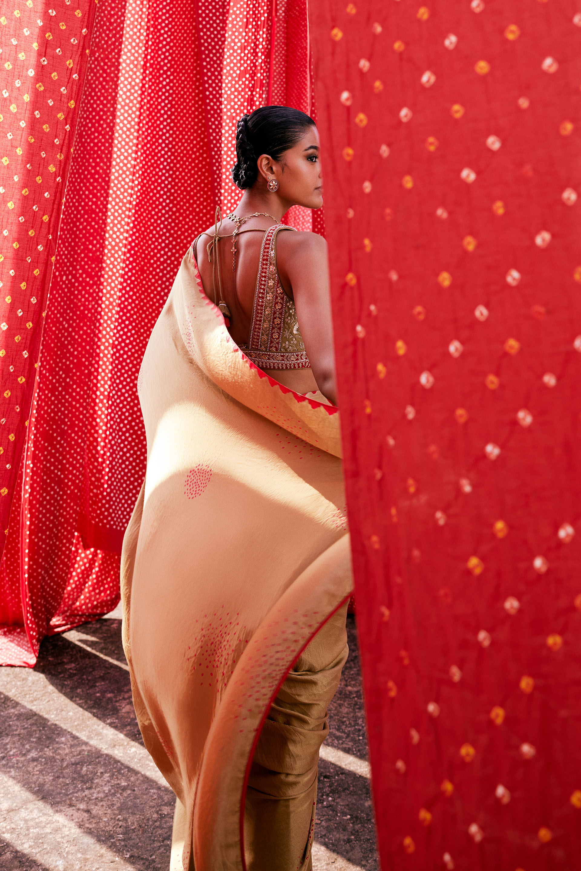 Maywa Handcrafted Bandhani Silk Pre-draped Saree - Olive, Olive, image 6