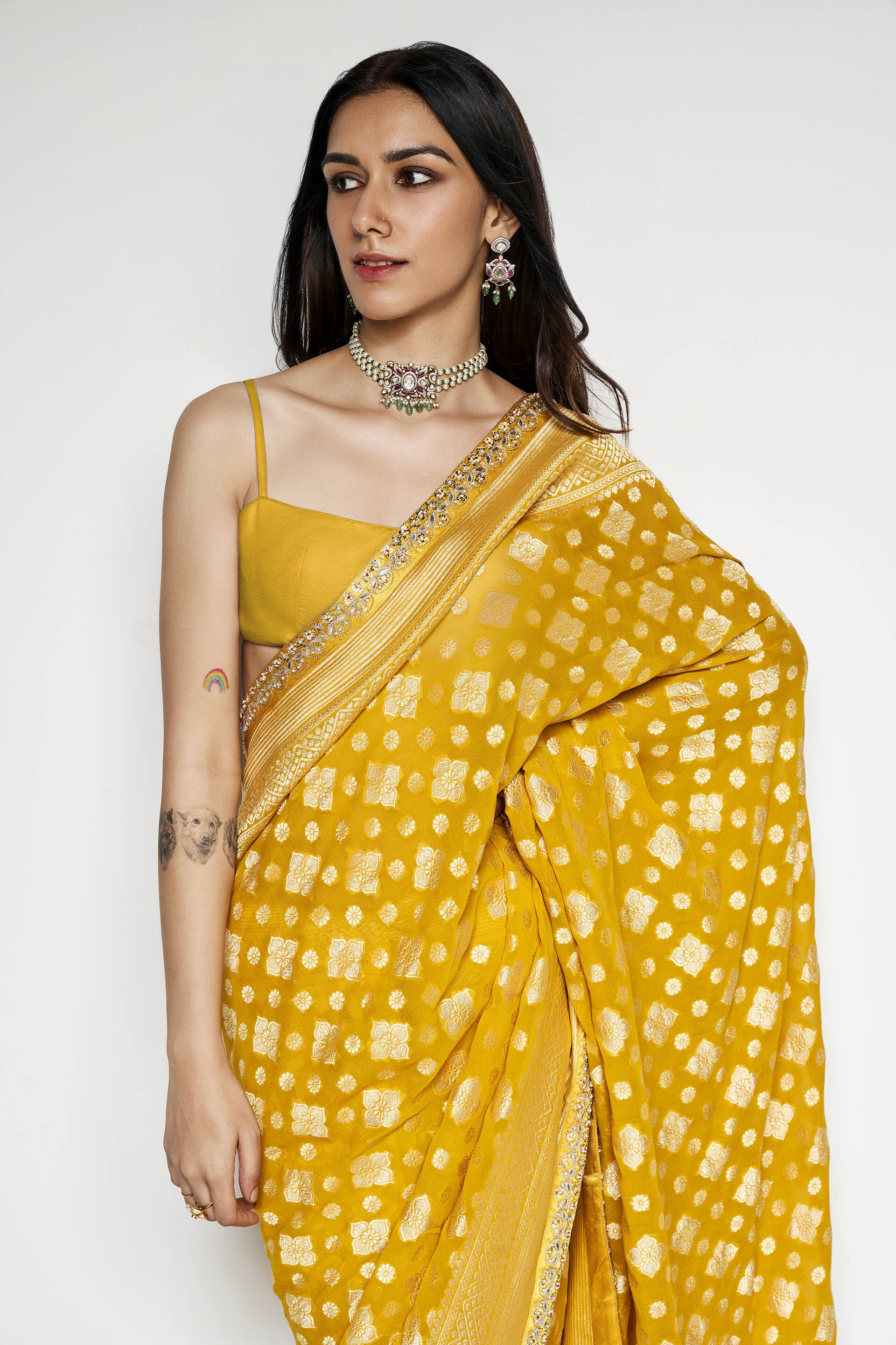 Chrisoula Benarasi Silk Gota Patti Saree Yellow
