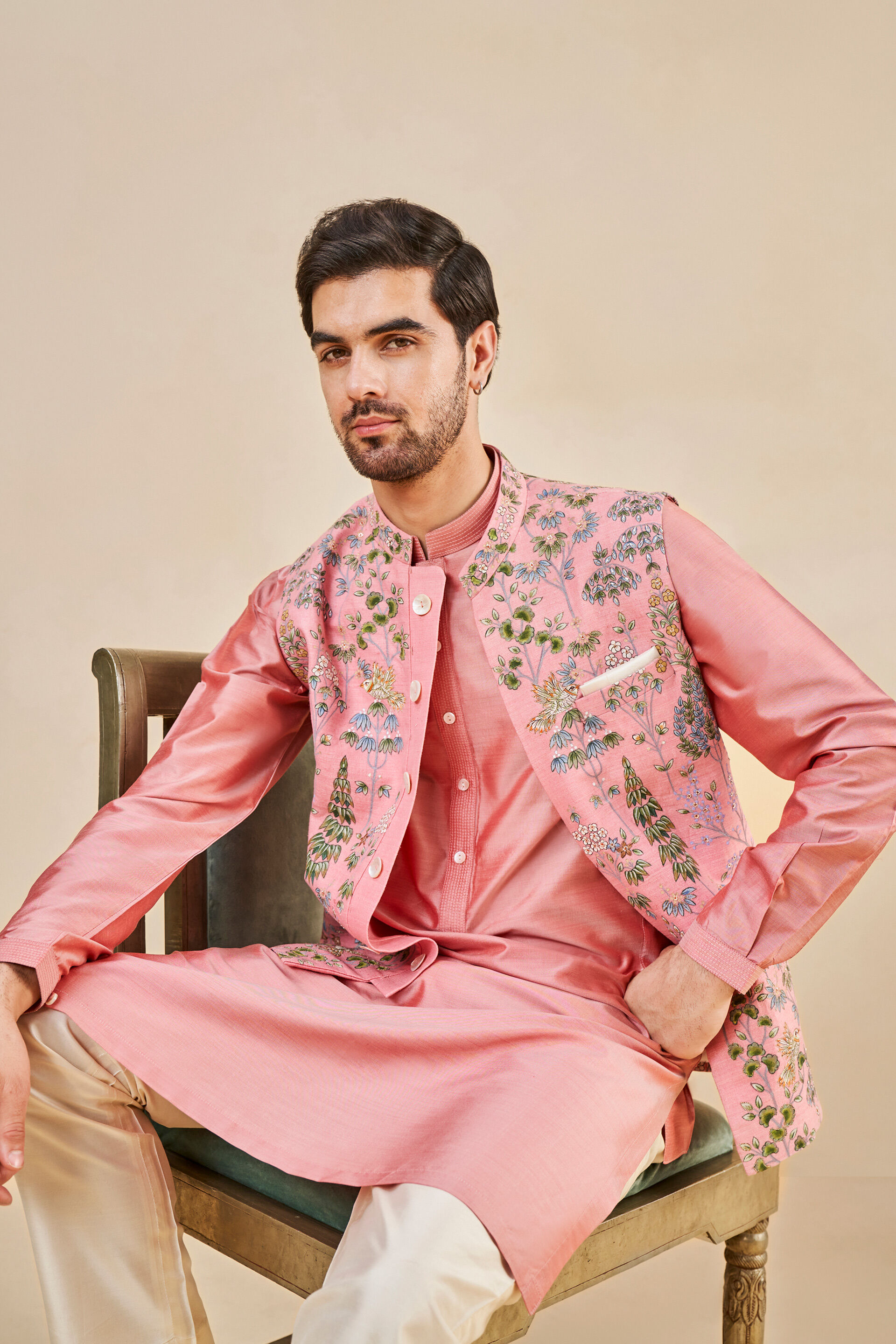 Buy Nalesh Hand painted Pichhwai Silk Nehru Jacket Pink Online for We