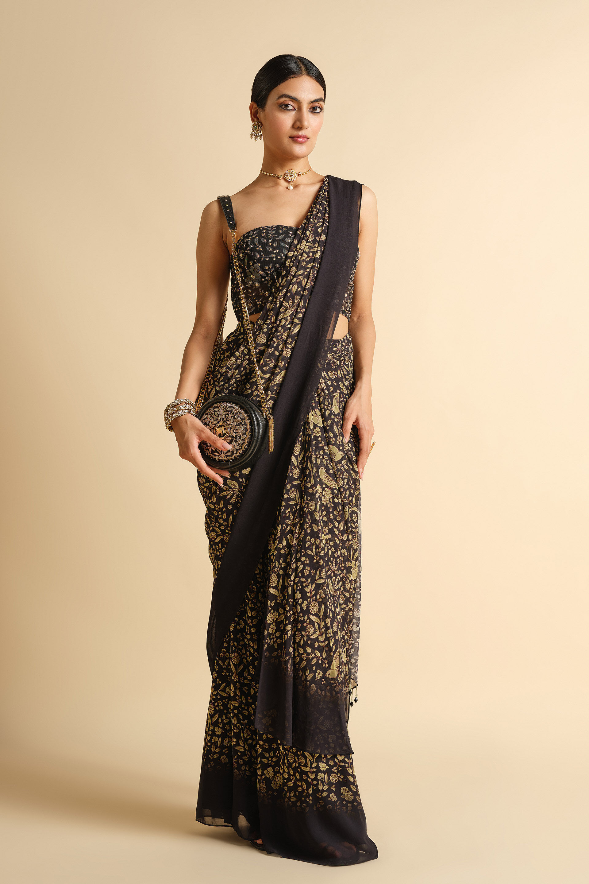 Gwylan Sequin Georgette Pre-stitched Saree - Black