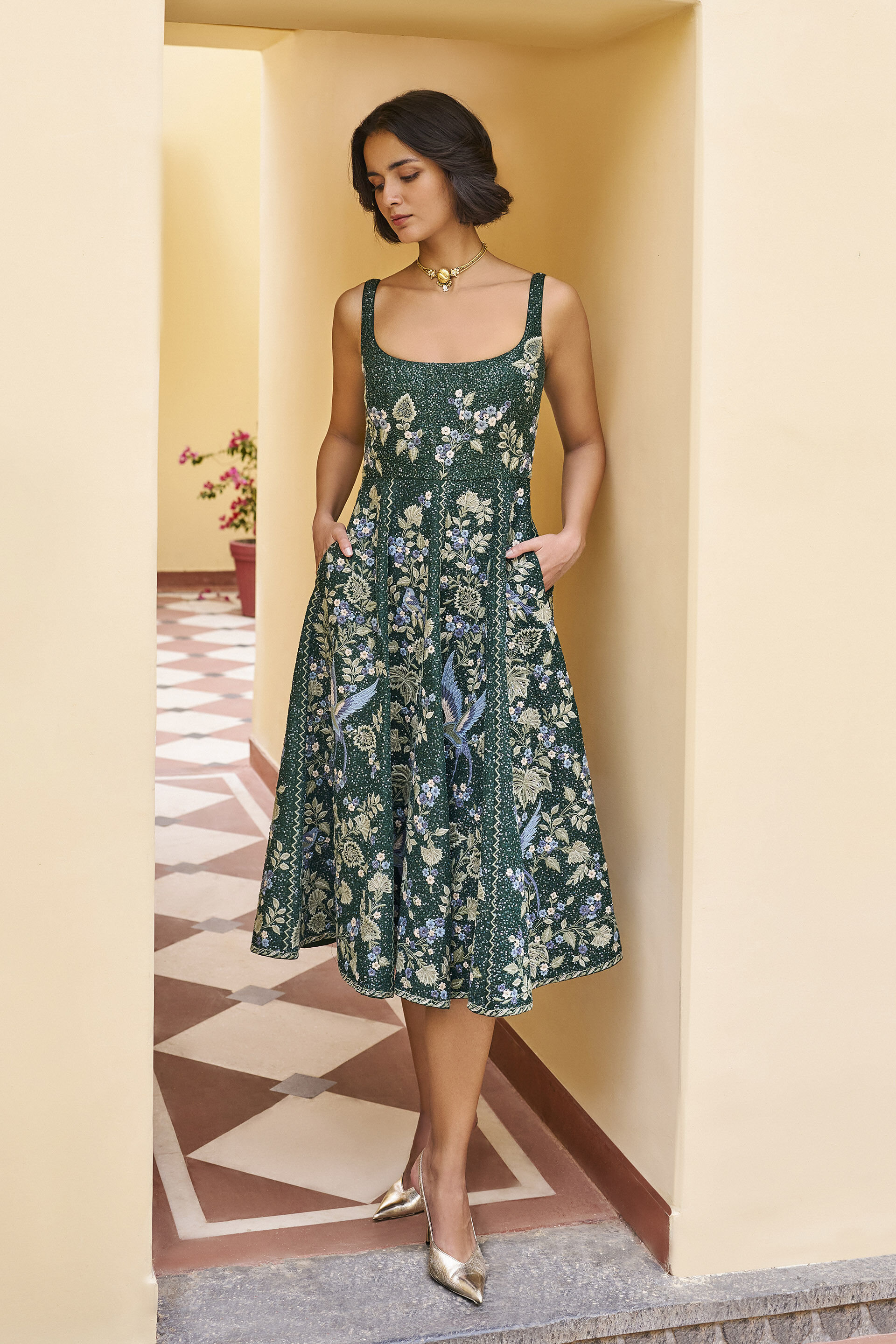 Swoon Embroidered Silk 50's Dress -&nbsp;Green