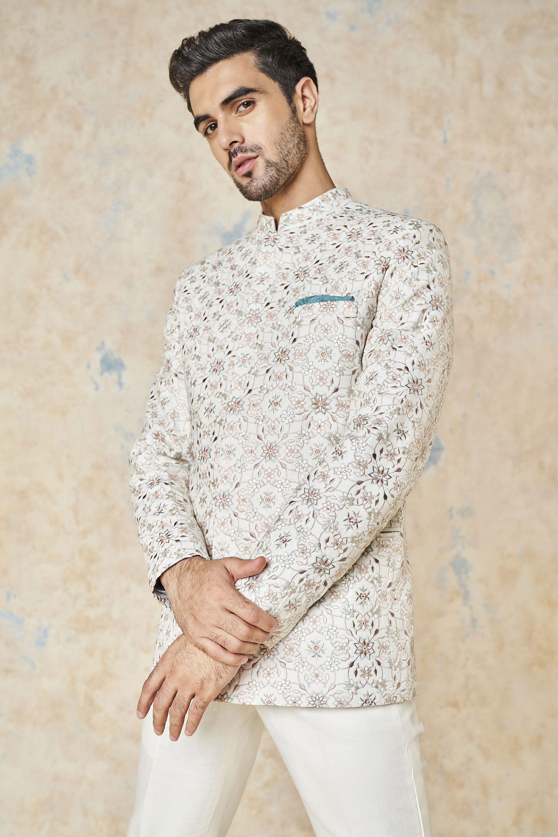 Dhavit Silk Bandhgala - Ivory, Ivory, image 4