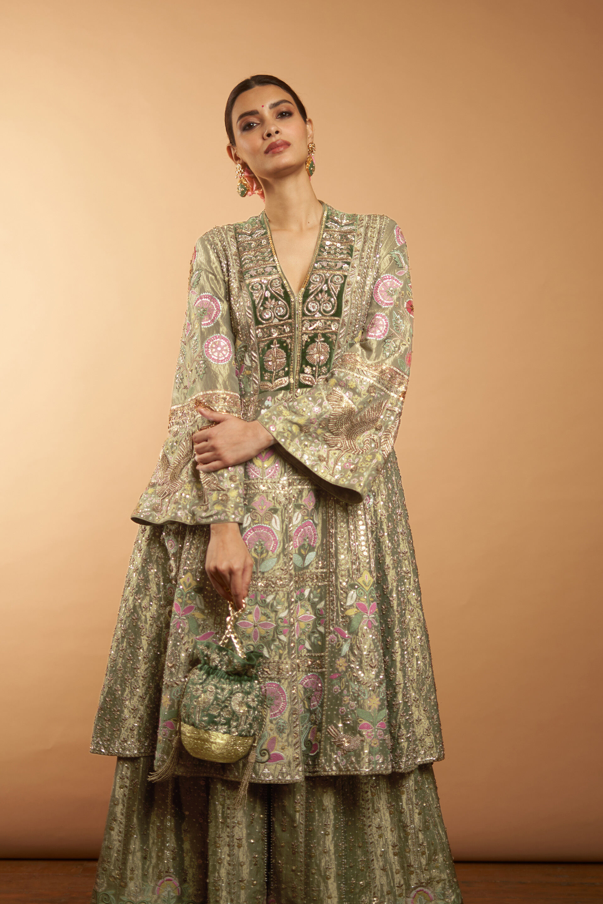 Melody Of The Flowers Embroidered Zardozi Sharara Set - Sage, , image 2