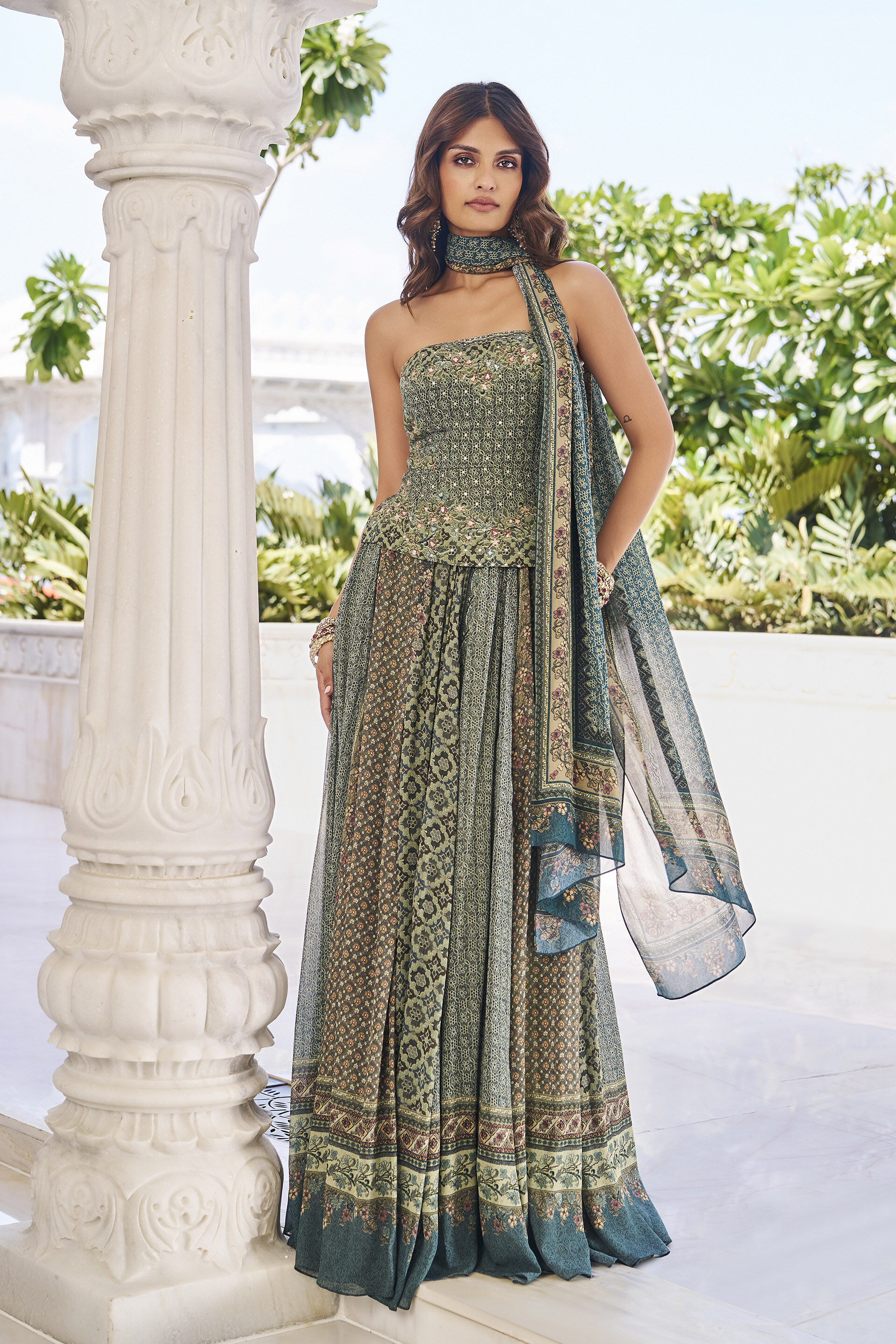 Gathered Green Sequinned Skirt Set
