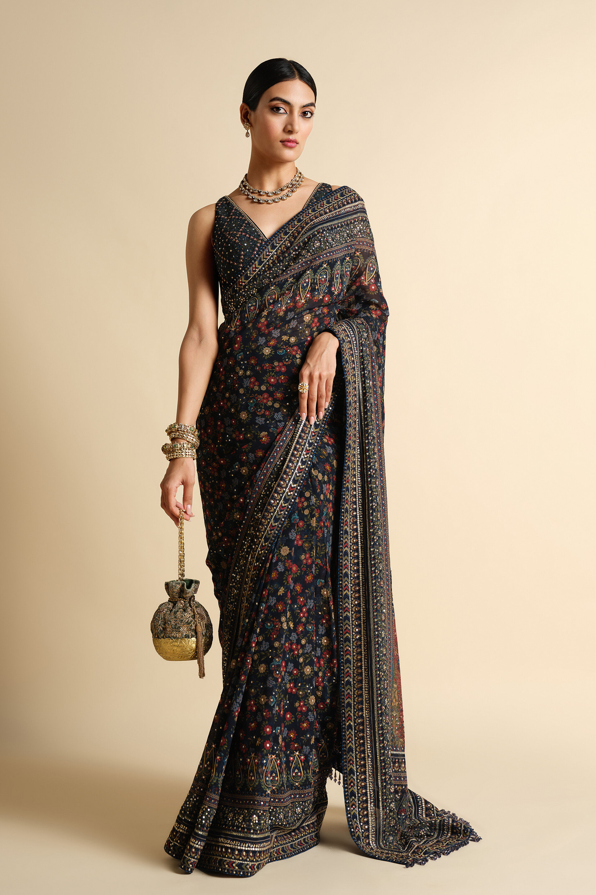 Amalaka Sequin Georgette Saree - Blue
