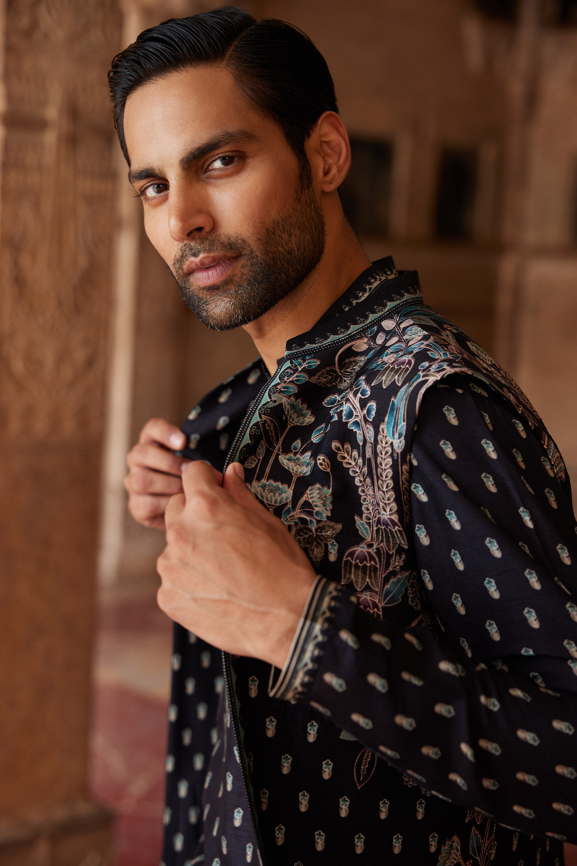 Saamir Printed Silk Nehru Jacket - Black, Black, image 5