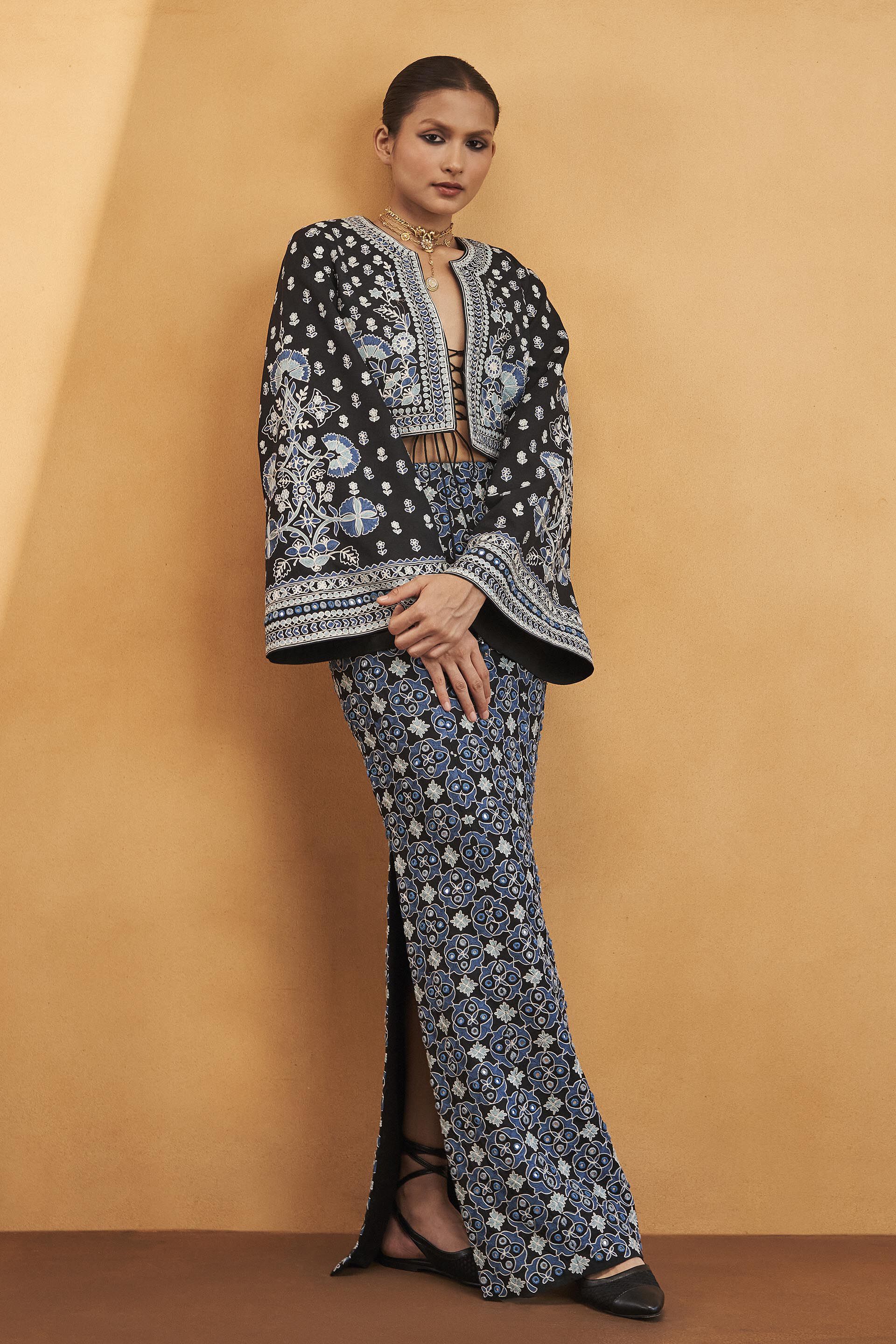 Symphony Of Blooms Mirror Embroidered Silk Jacket - Black