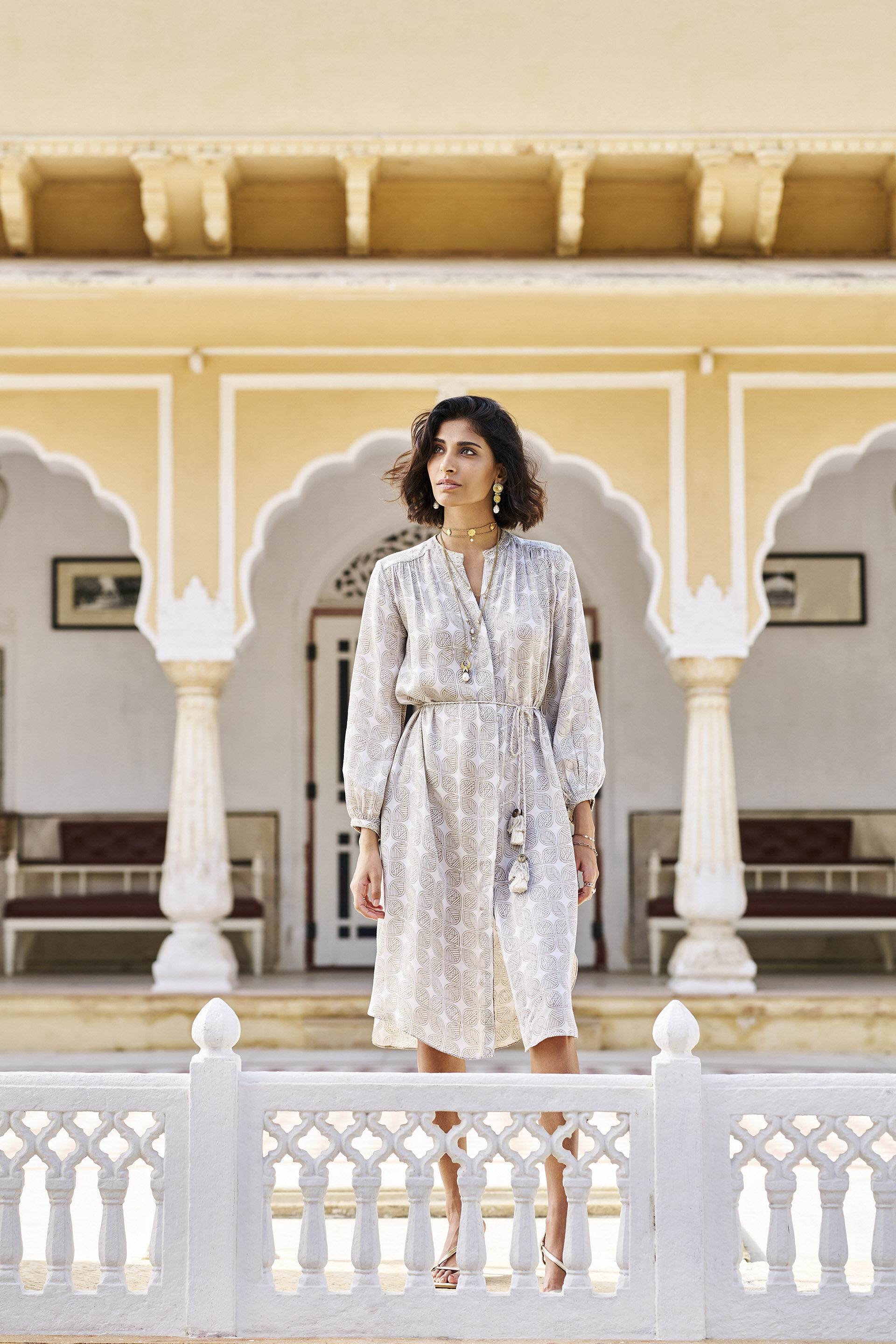 Fresco Hand block Print Gold Khadi Dress Grey