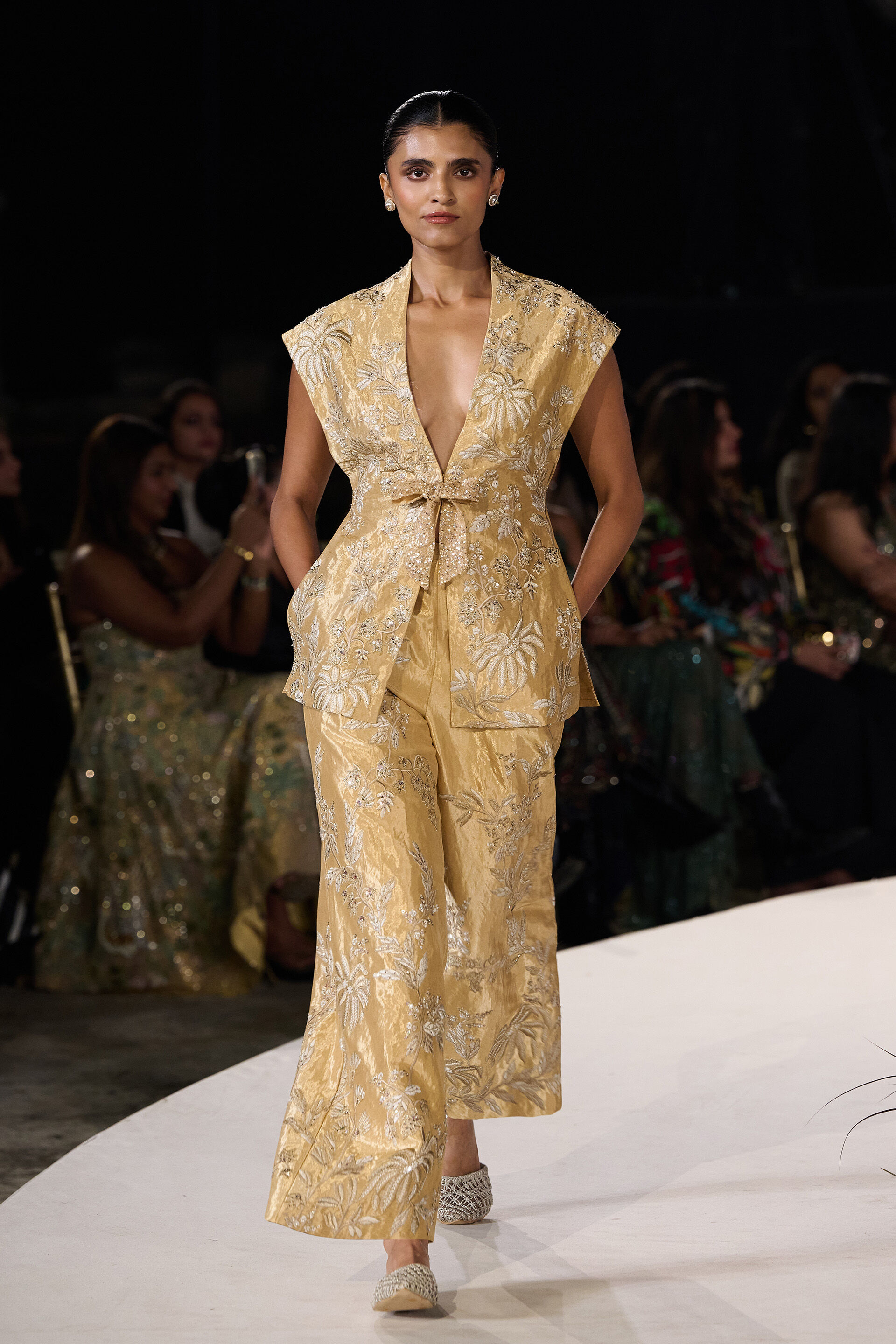 Summerfern Embroidered Applique Silk Pant Set - Gold