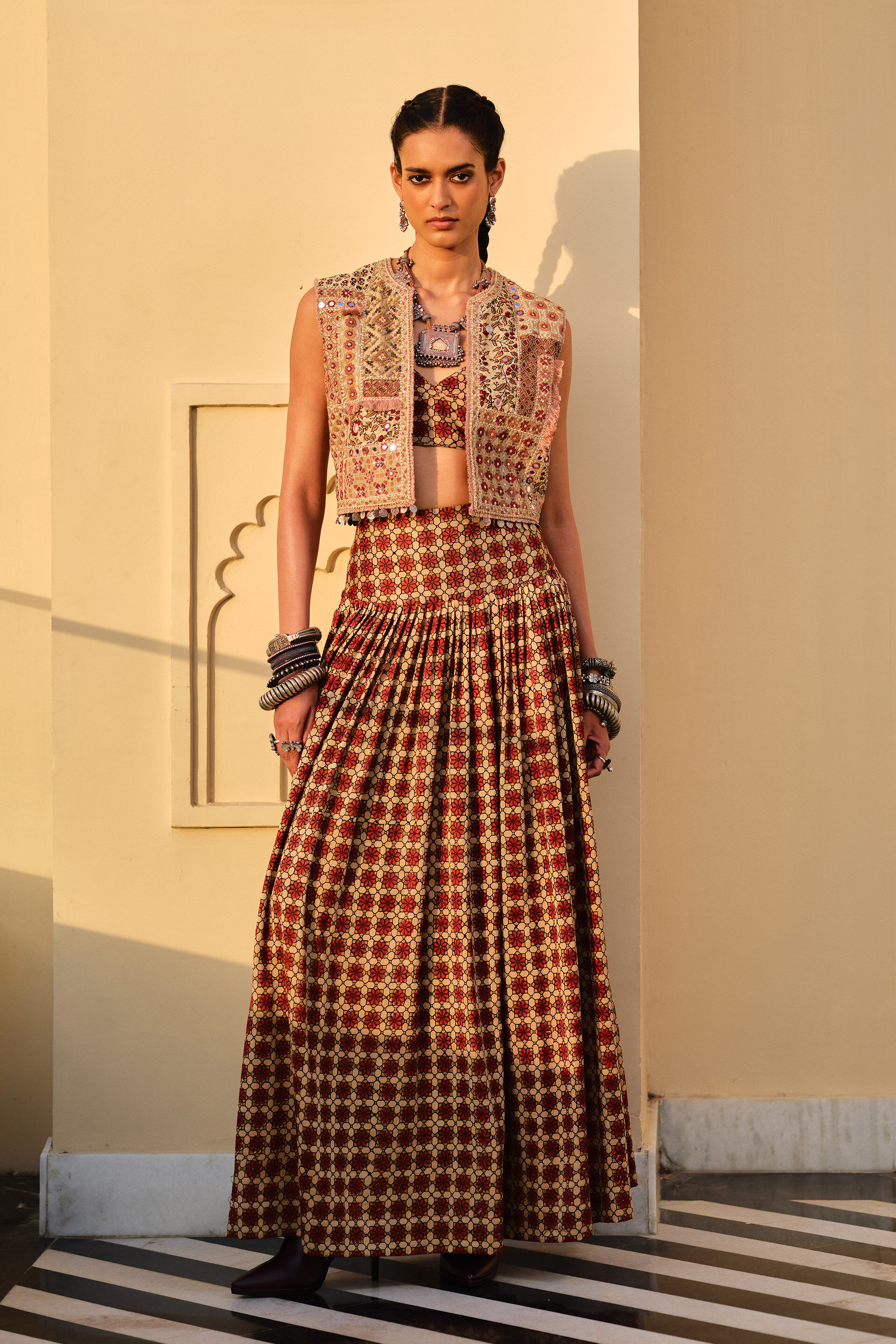 Poet Red Mirror Embroidered Ajrakh Skirt Set