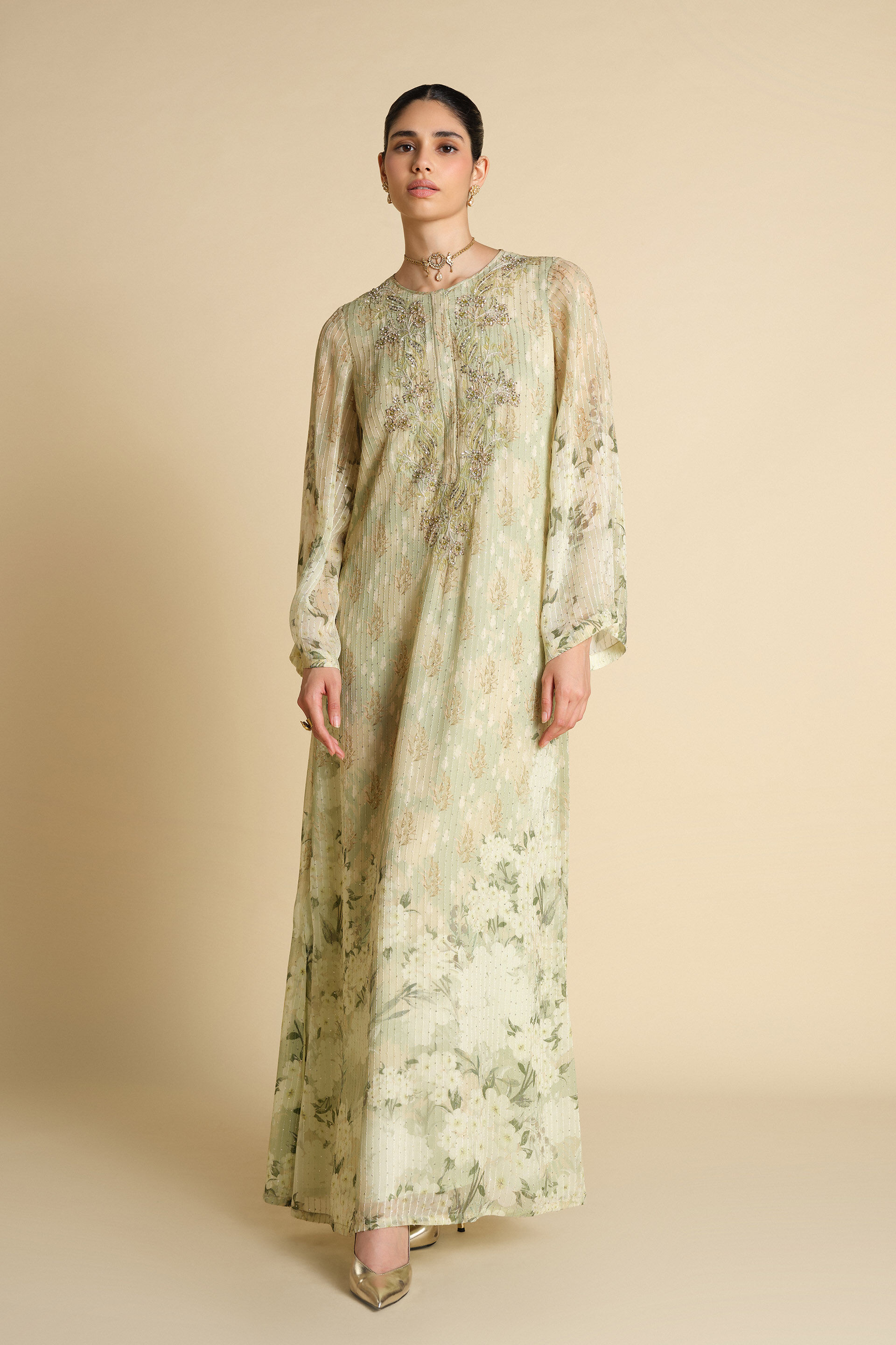 Suha Embroidered Kaftan - Sage, Sage, image 1