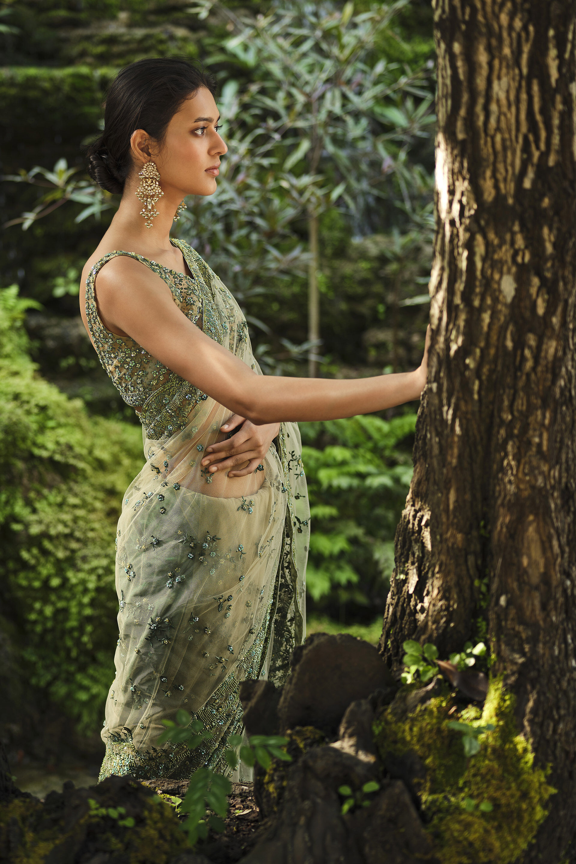 Grassland Embroidered Saree - Green, Multi Color, image 3