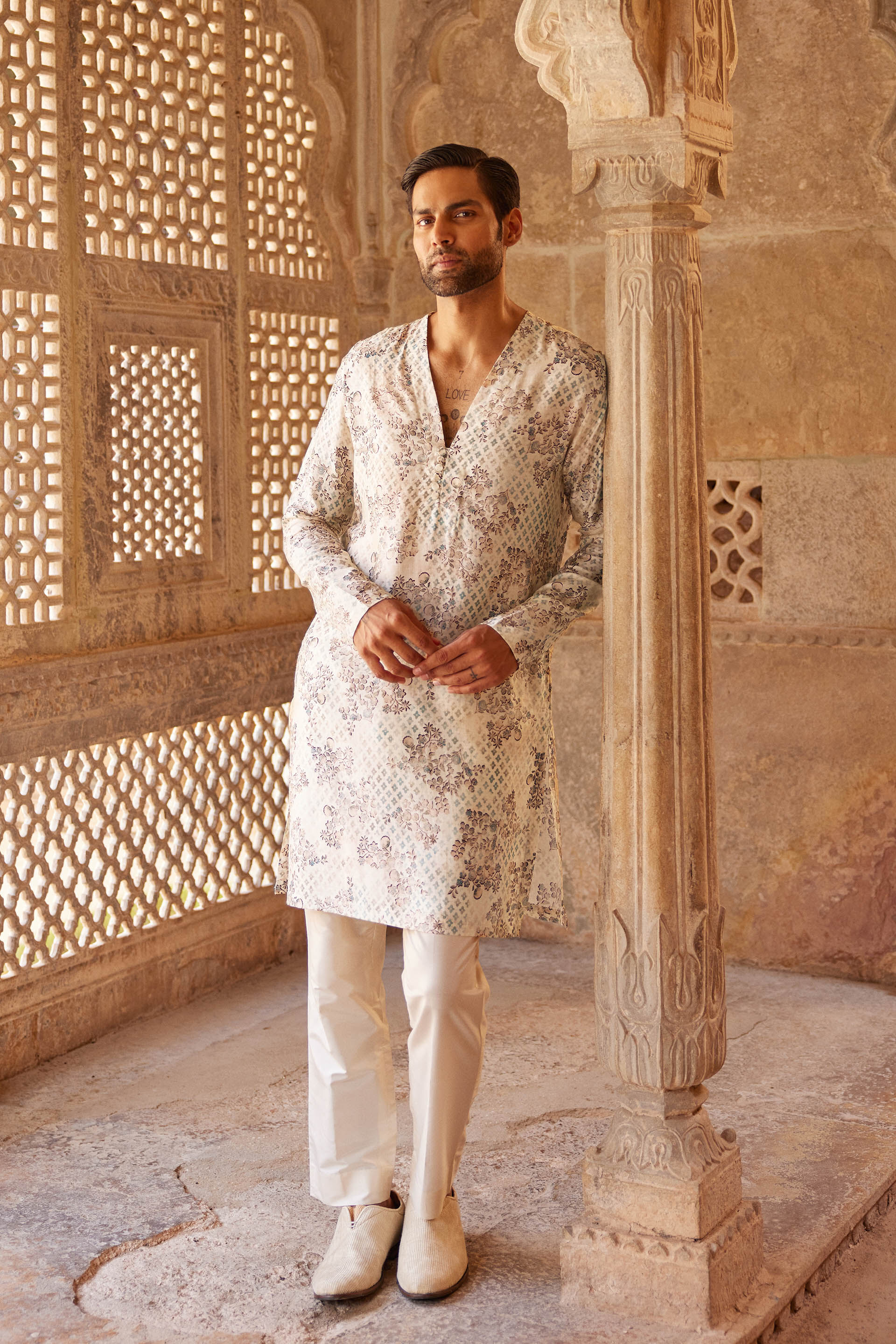 Rukham Printed Silk Kurta - Ivory