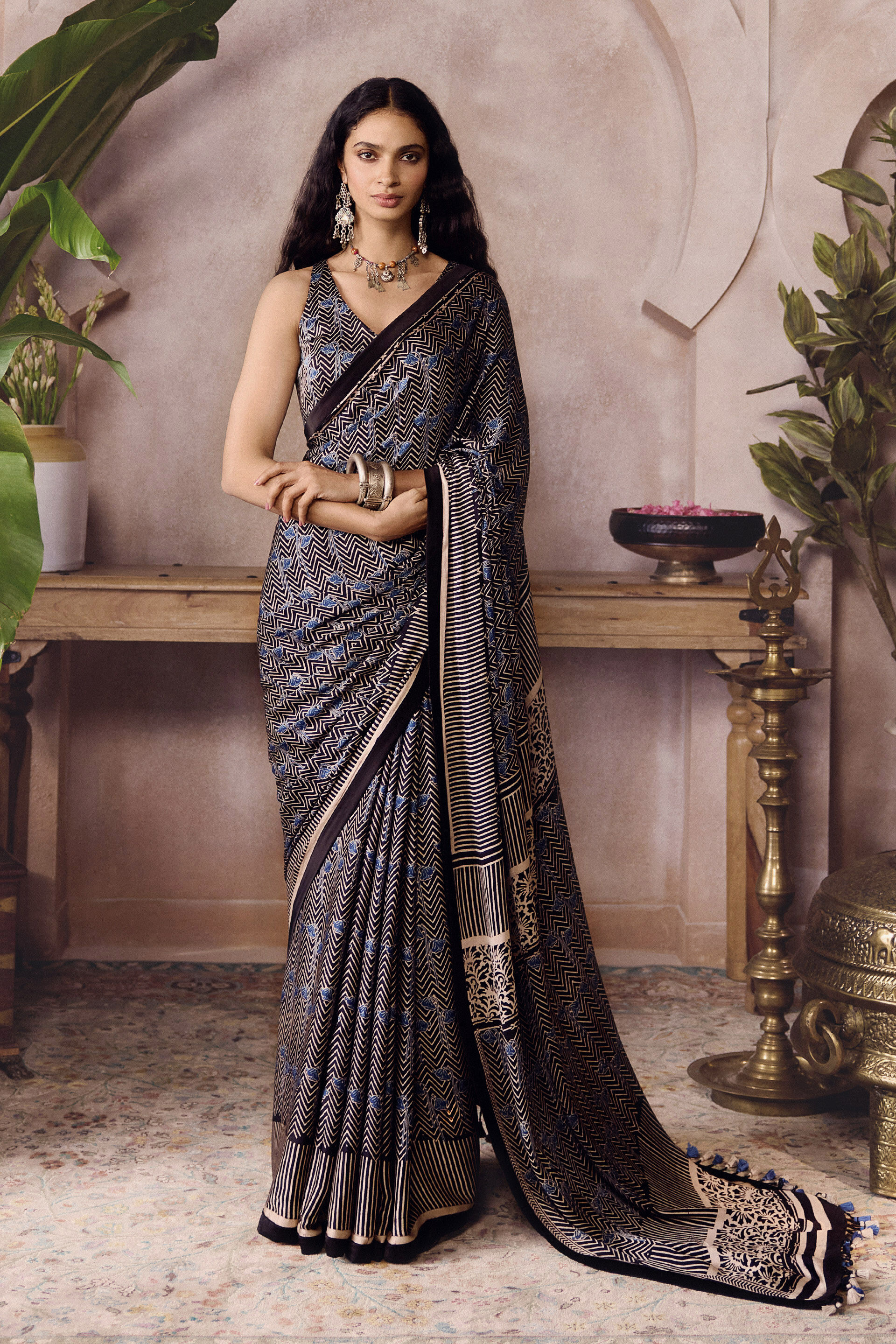 Brano Ajrakh Hand-block Printed Saree - Black