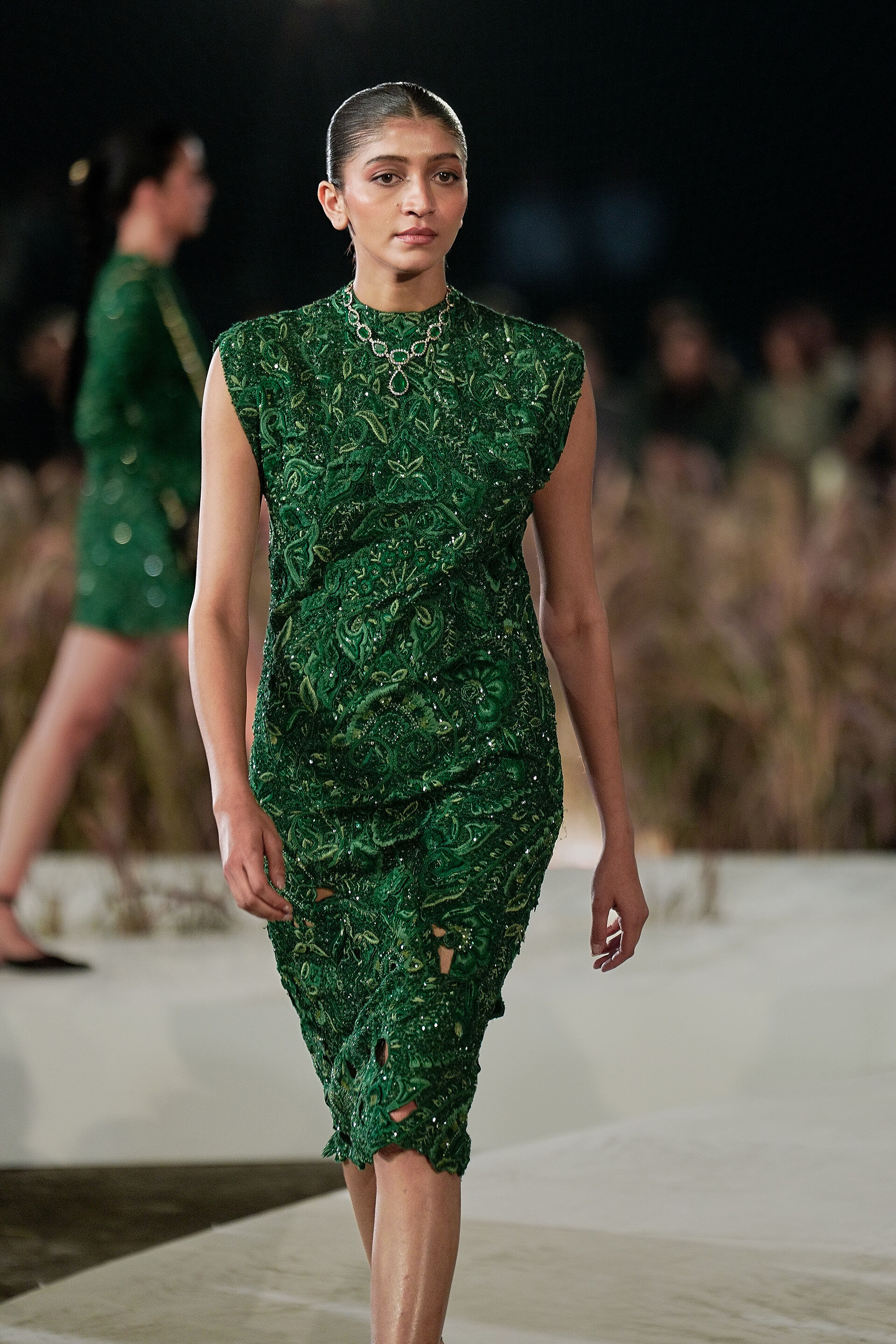 Rainfern Embroidered Applique Dress - Green