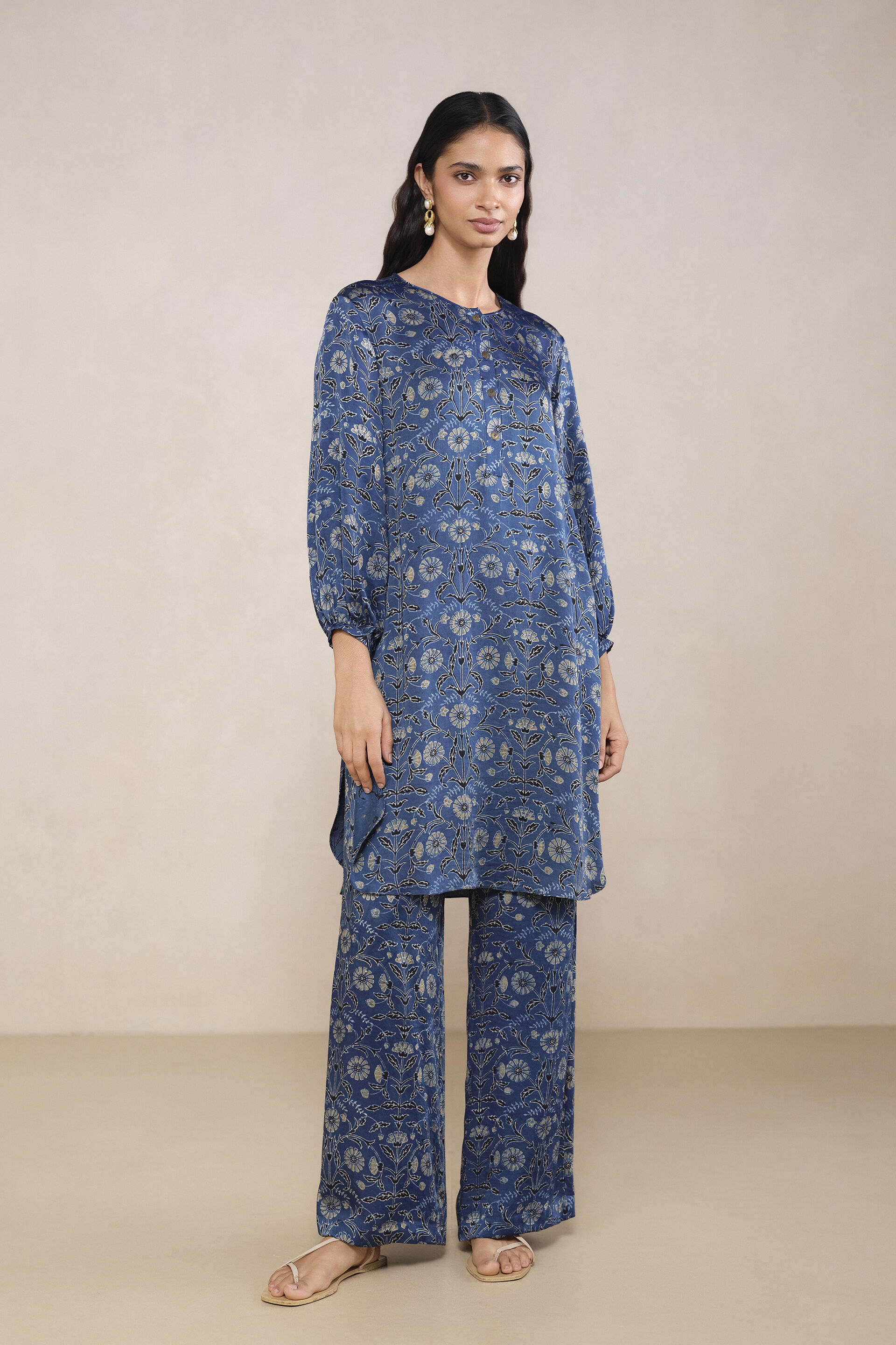 Jurra Ajrakh Hand-block Printed Co-ord in Blue, Blue, image 1