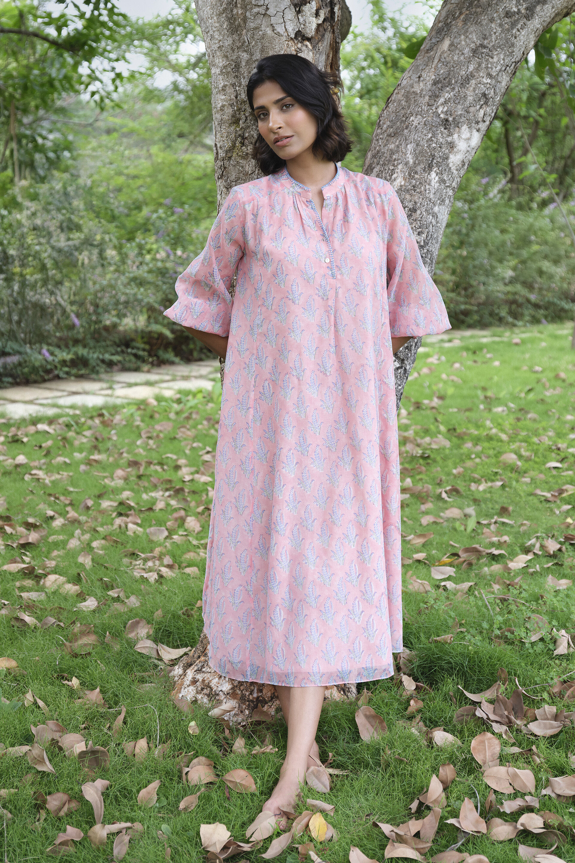 Heather Hand-block Printed Mul Dress - Pink