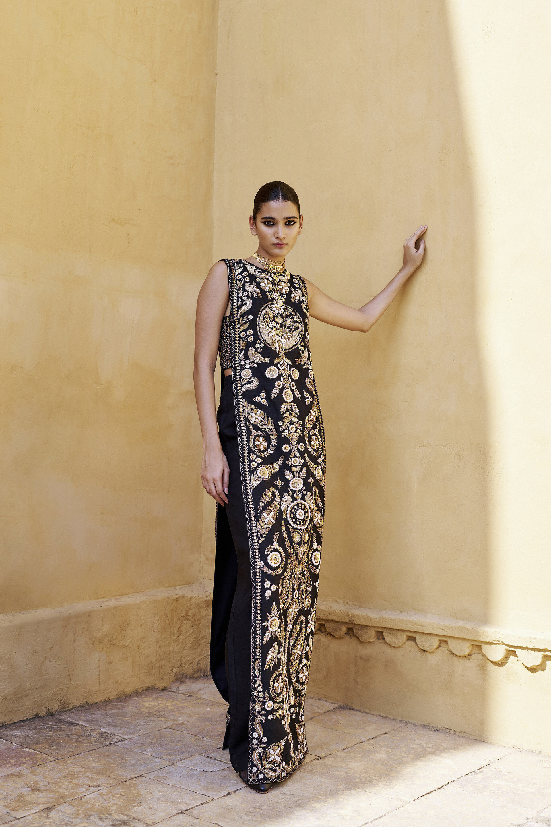 From The Wilderness Embroidered Zardozi Silk Tabard Set - Black