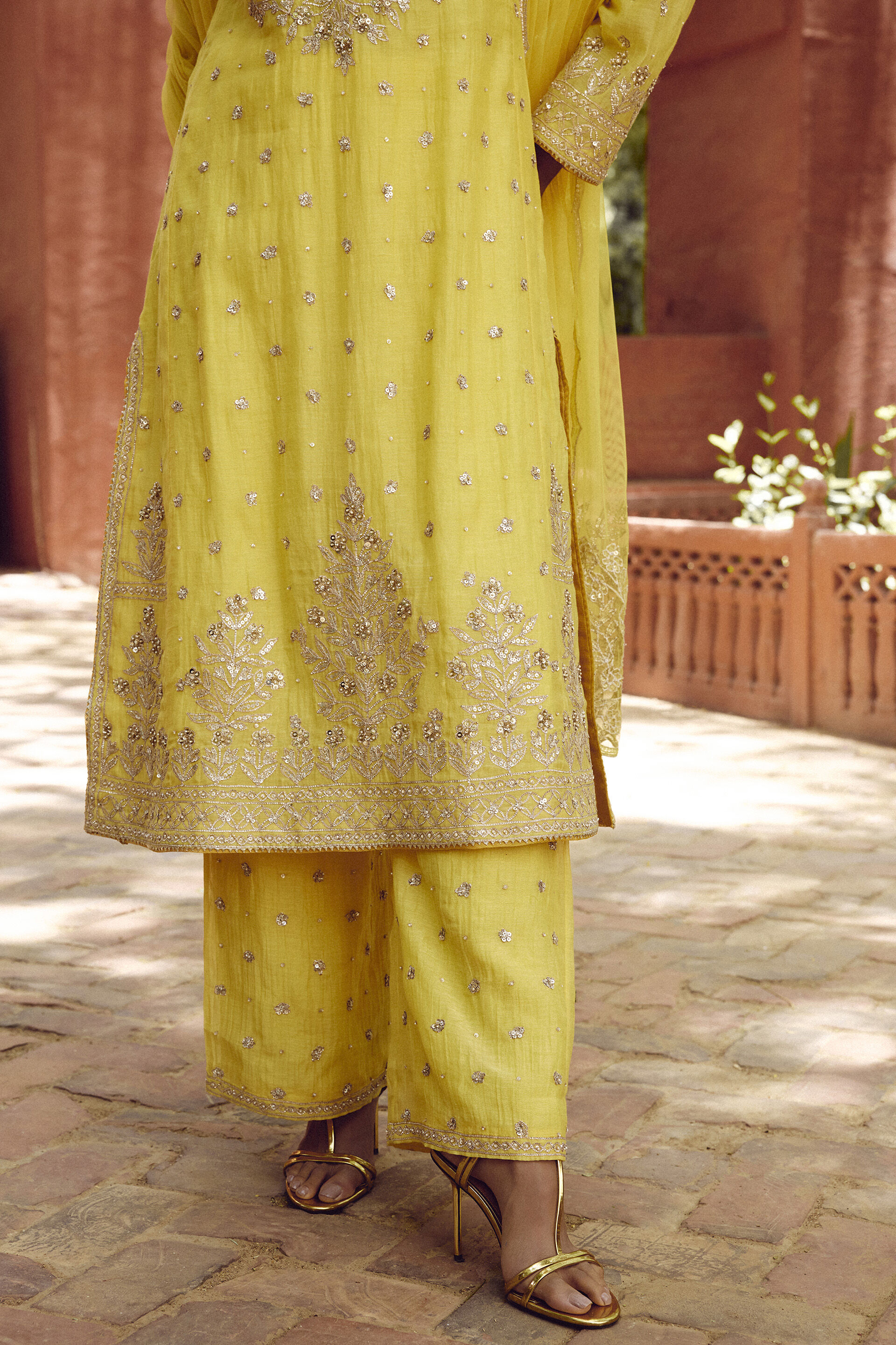 Srika Gota Patti Mul Suit Set - Yellow, Yellow, image 5