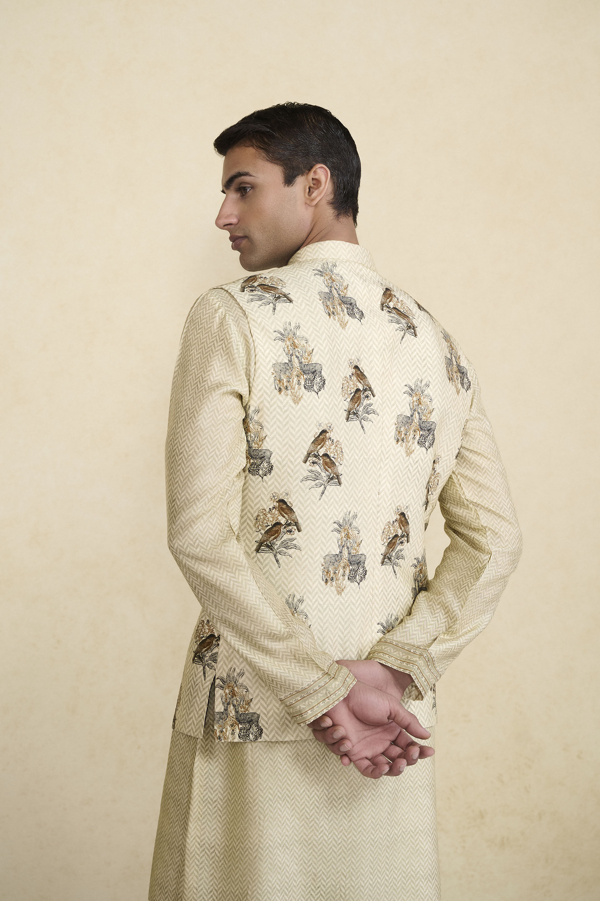 Krushan Printed Silk Nehru Jacket - Beige, Beige, image 4