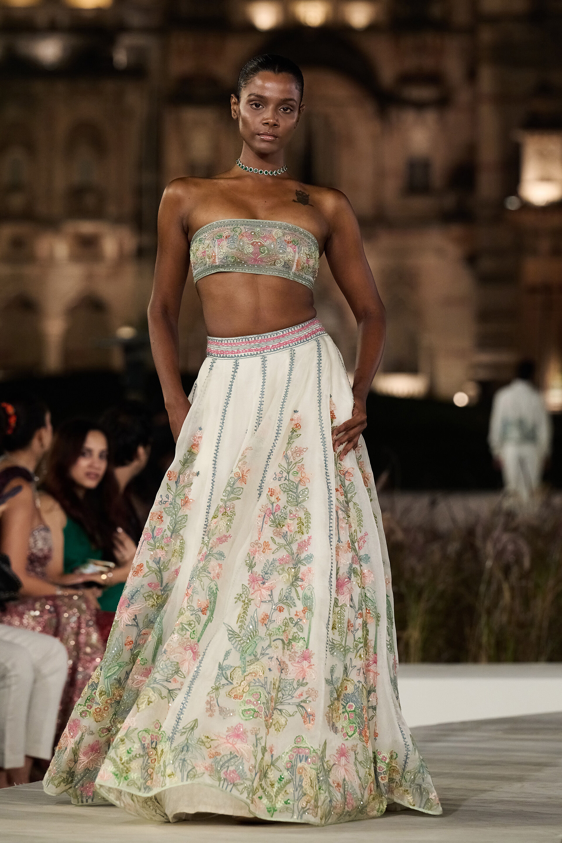 Shawnis Hand-embroidered SEWA Silk Skirt Set - Ivory, Ivory, image 1