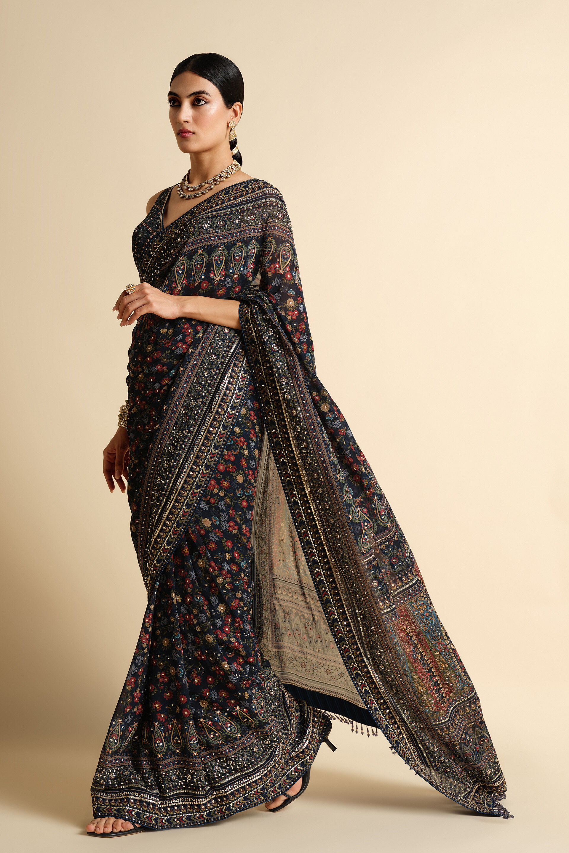 Amalaka Sequin Georgette Saree, Blue, image 3