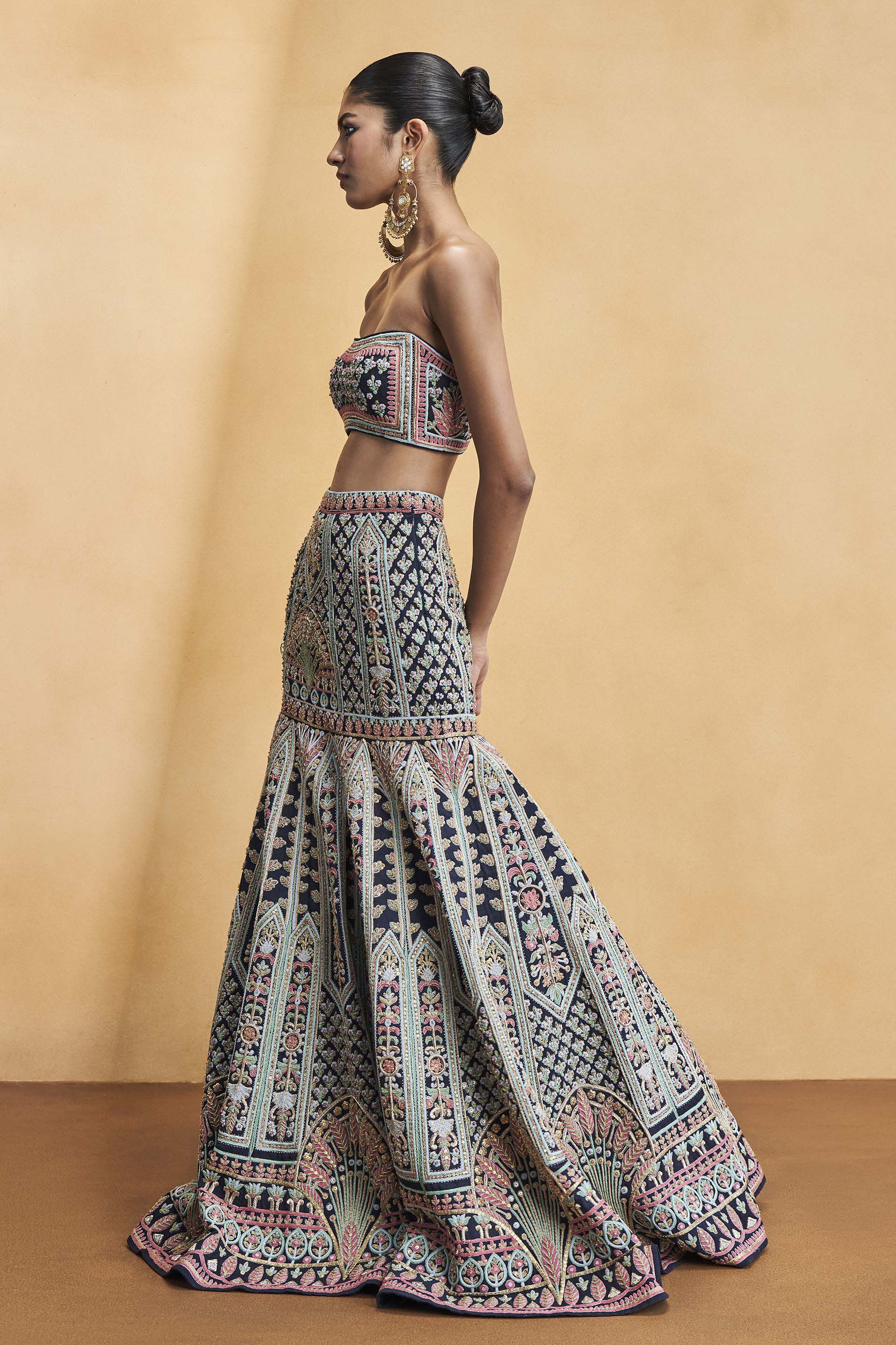 Nocturnal Melody Silk Zari Skirt Set - Blue