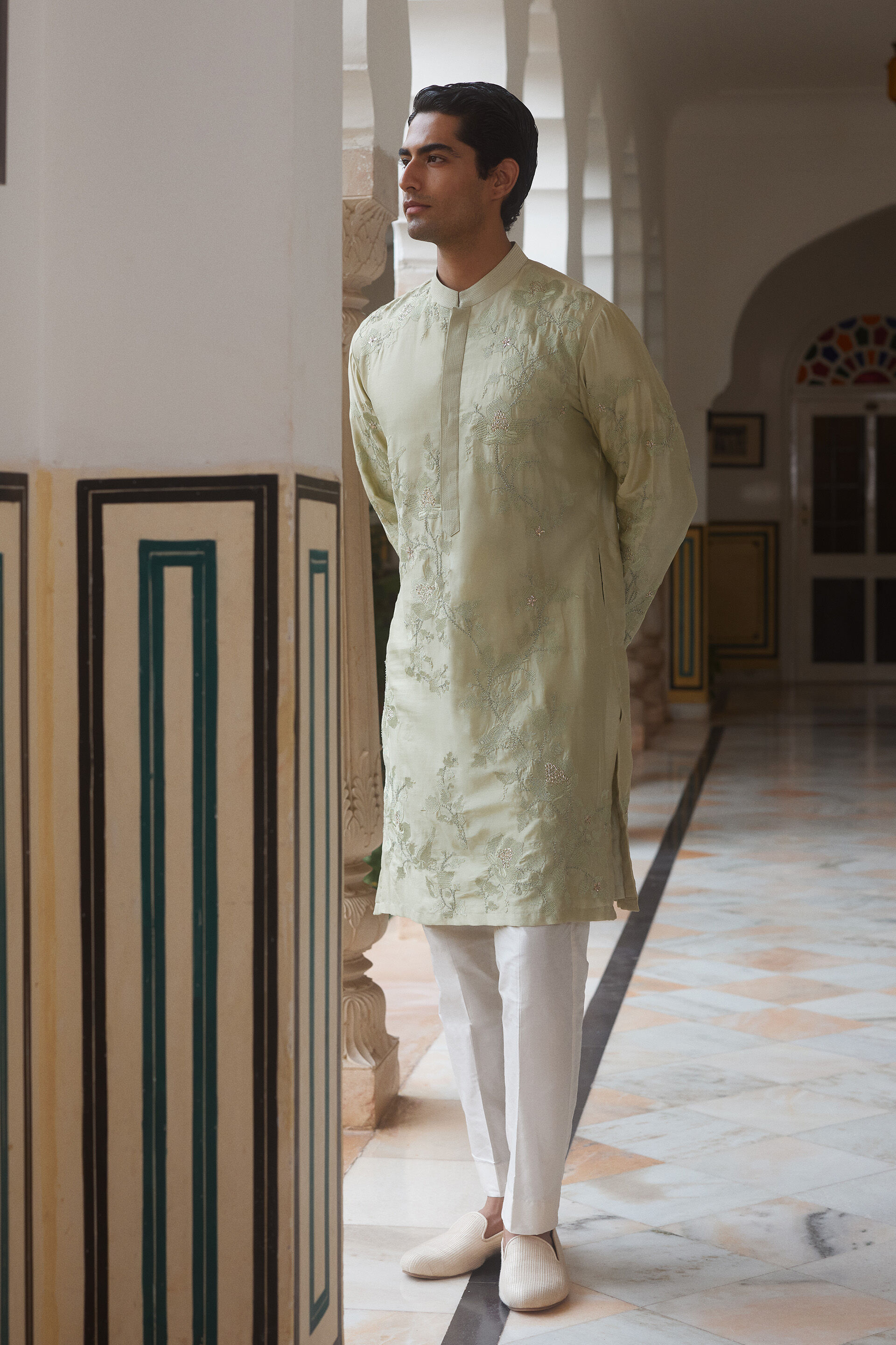 Dharv Embroidered Silk Kurta - Sage, Sage, image 1