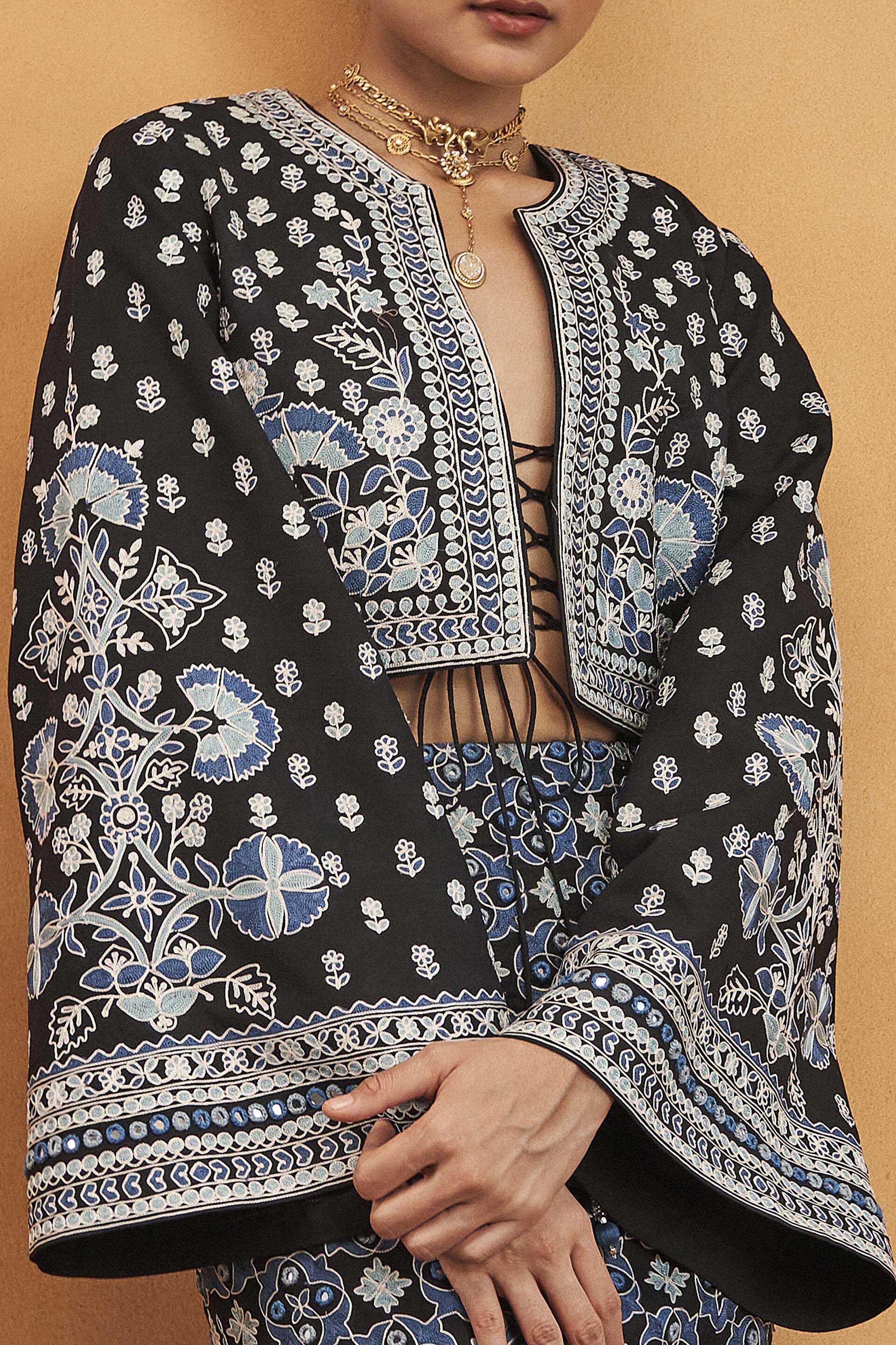 Symphony Of Blooms Mirror Embroidered Silk Jacket - Black, Black, image 3