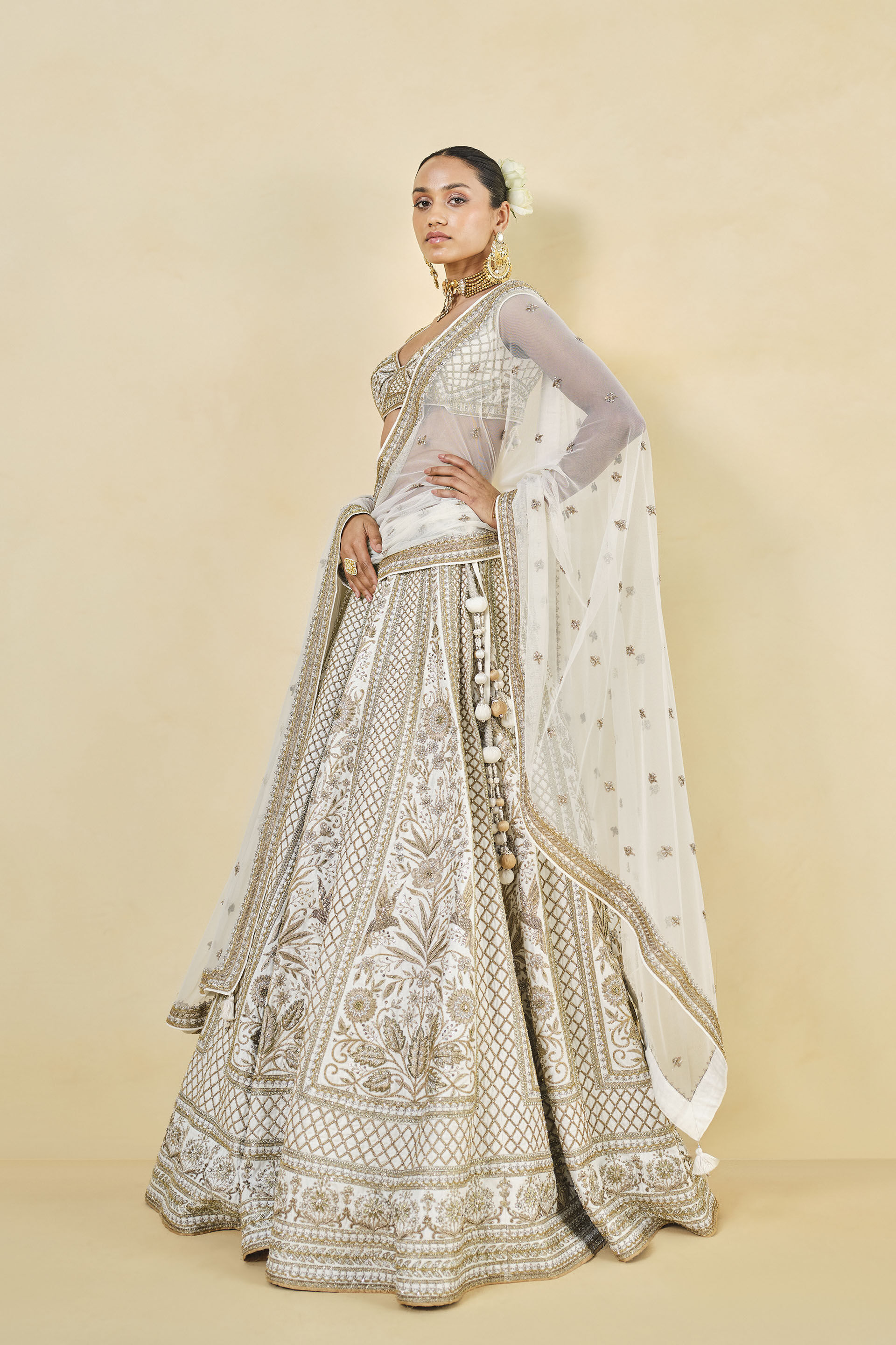 Mahroo Zardozi Embroidered Silk Lehenga Set - White, Ivory, image 4