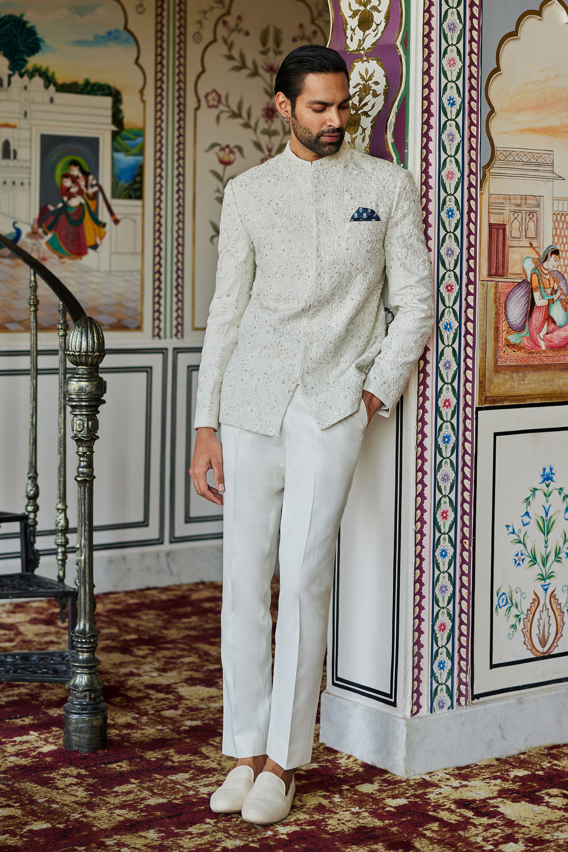 Dhven Embroidered Silk Bandhgala - Off White