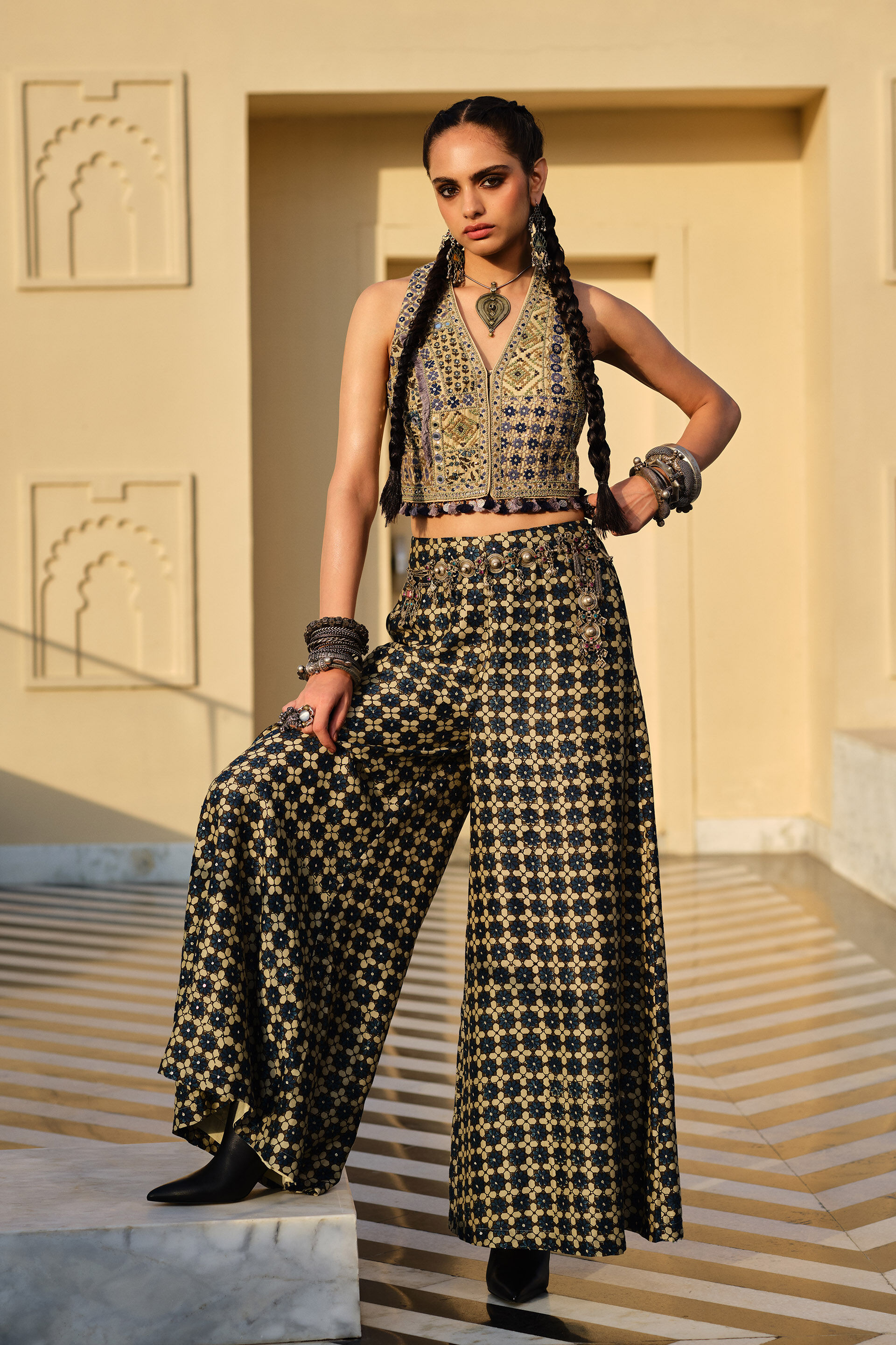 Poet Blue Mirror Embroidered Ajrakh Pant Set