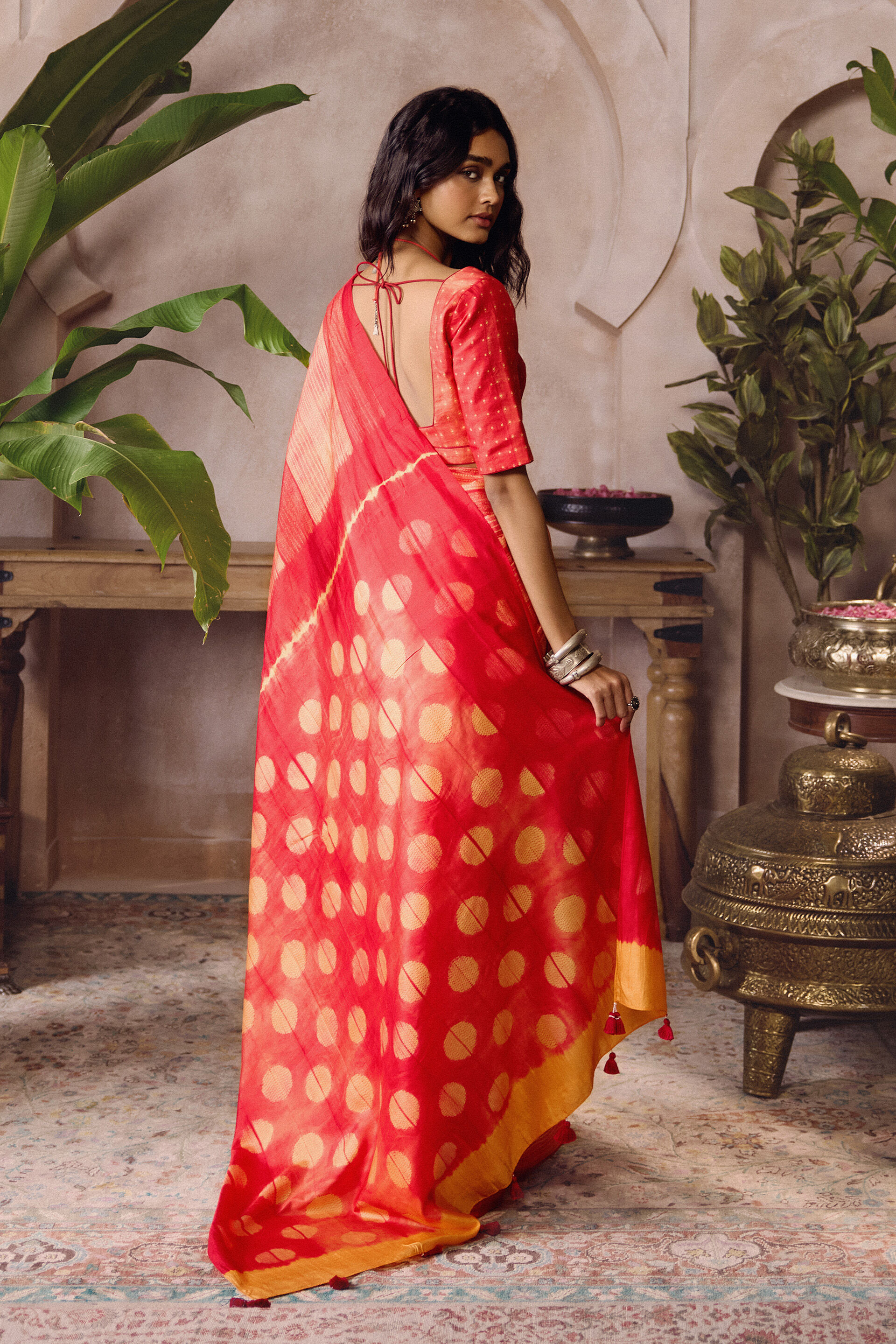 Corsen Handcrafted Shibori Silk Saree - Orange