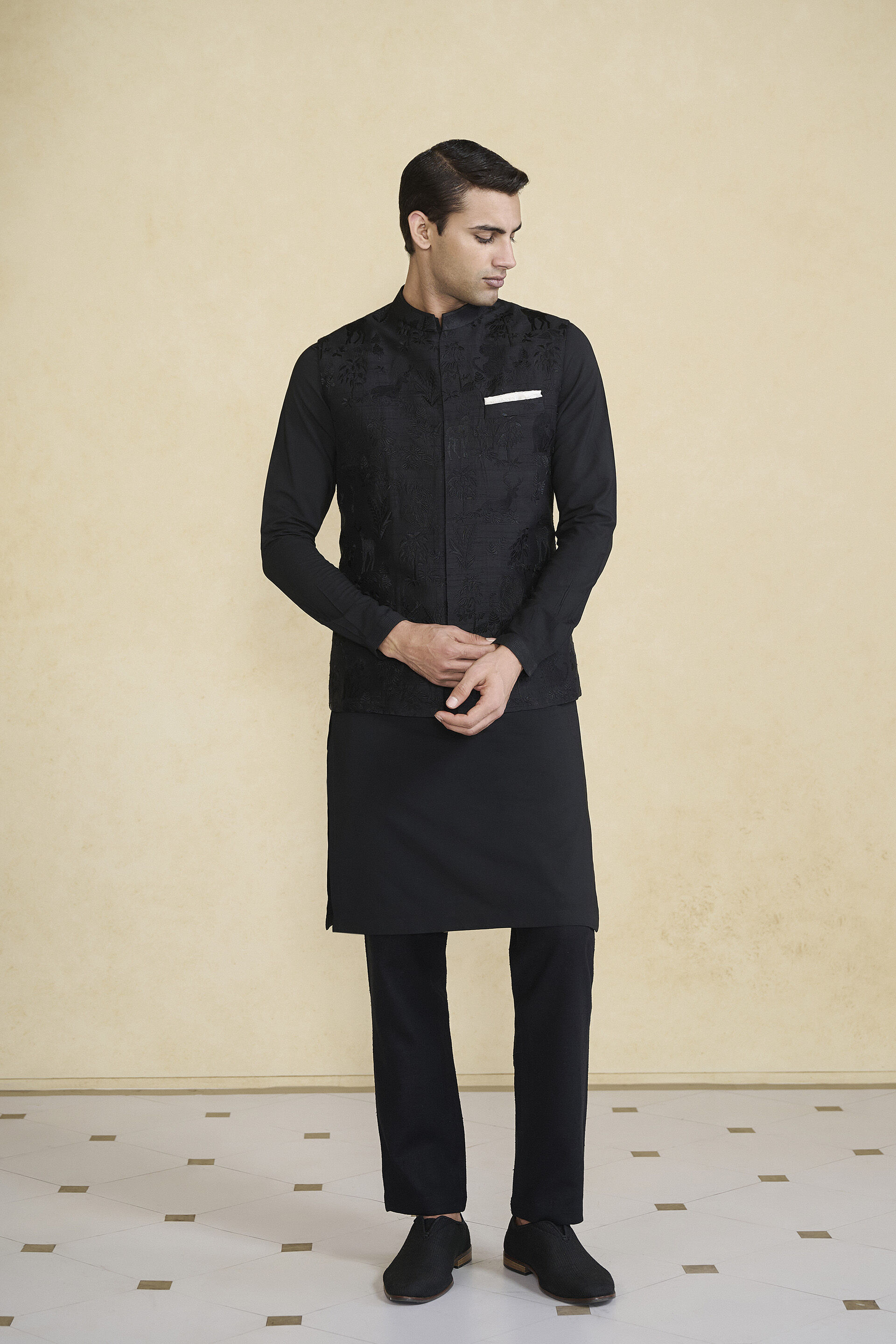 Atik Embroidered Silk Nehru Jacket - Black, Black, image 1