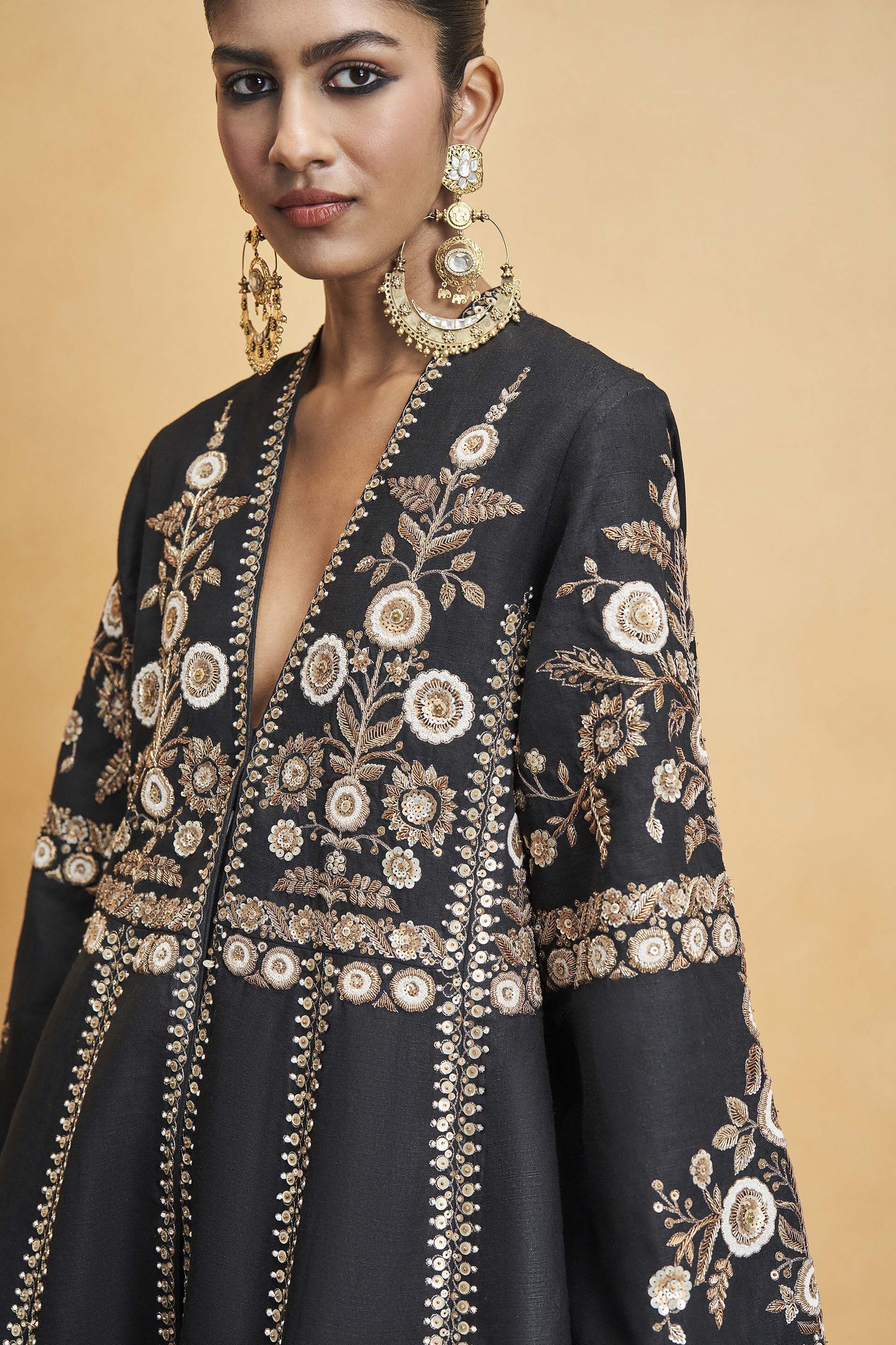 Flowers Of The Forest Embroidered Zardozi Silk Kurta Set - Black, Black, image 6