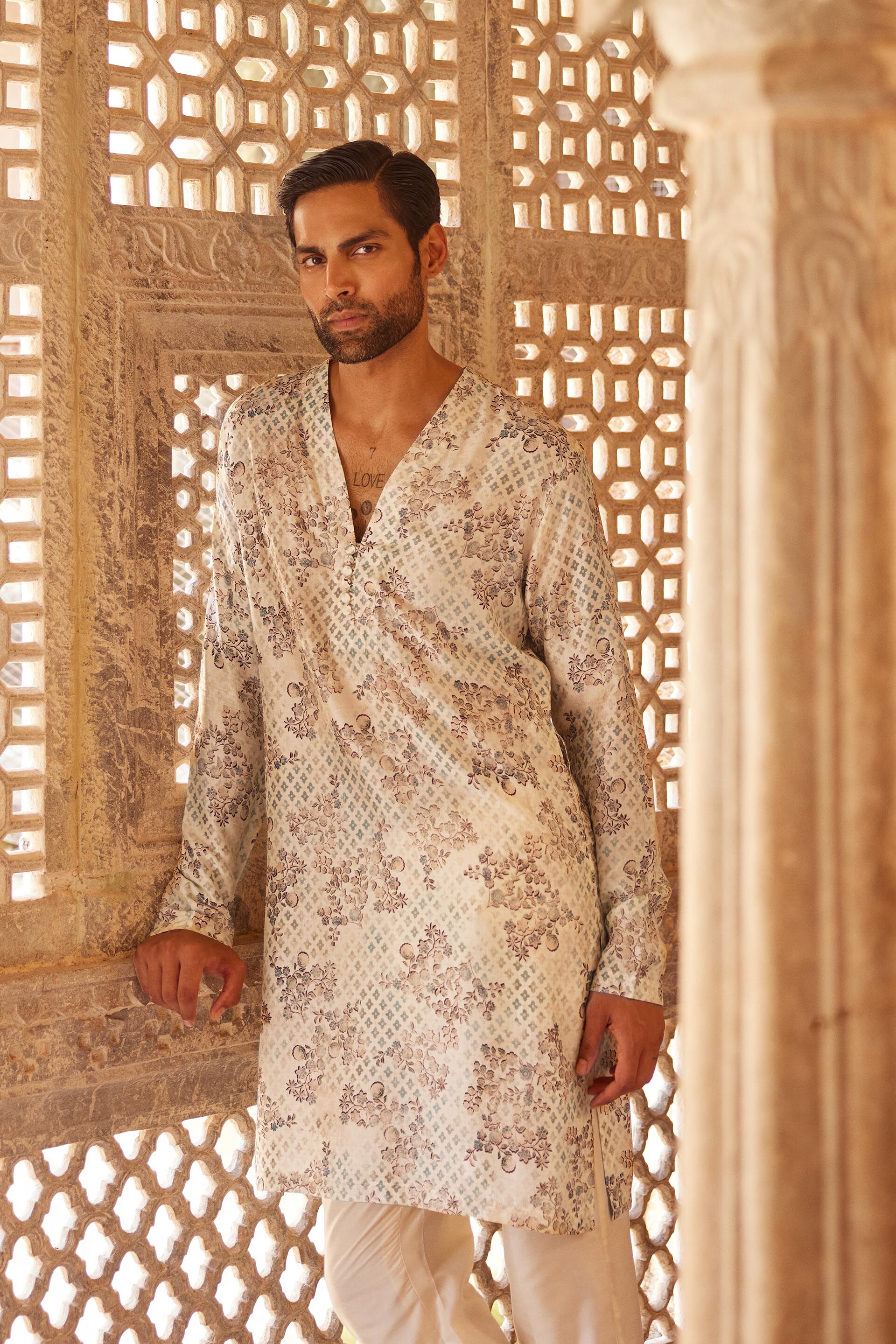 Rukham Printed Silk Kurta - Ivory, Ivory, image 3