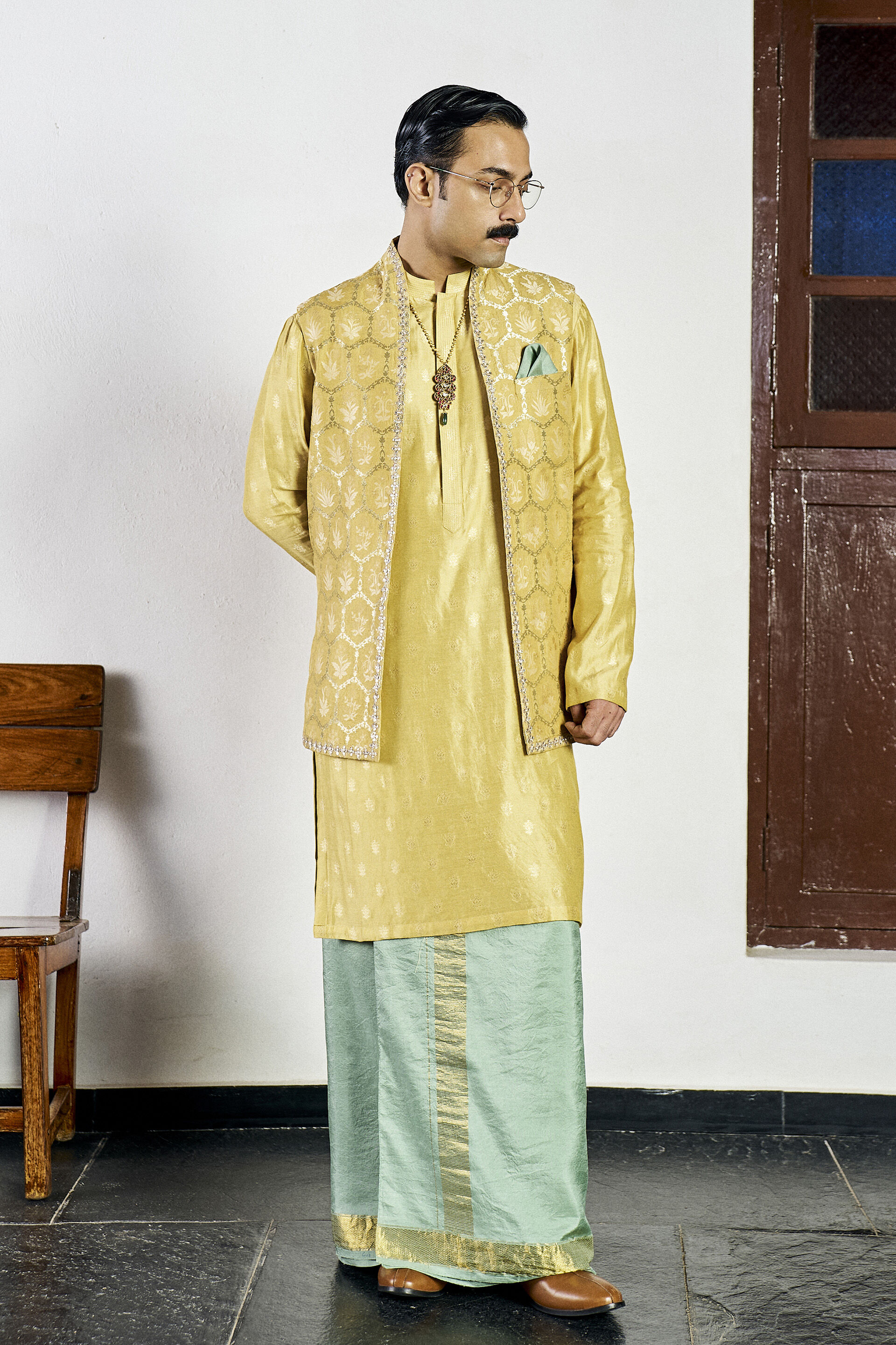 Sanam Nehru Jacket in Yellow Benarasi