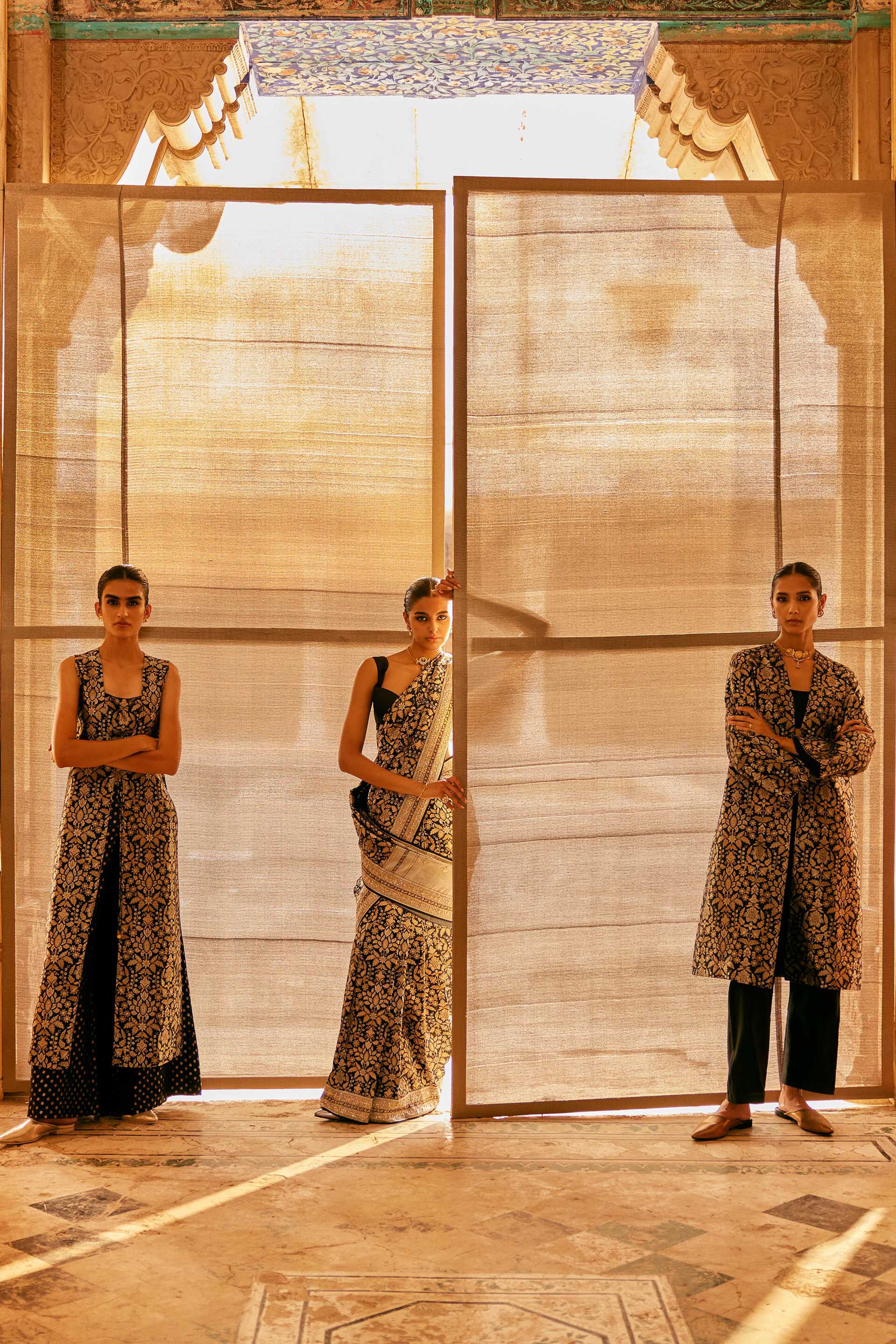 Tamadur Handwoven Benarasi Silk Jacket Set - Black, Black, image 4